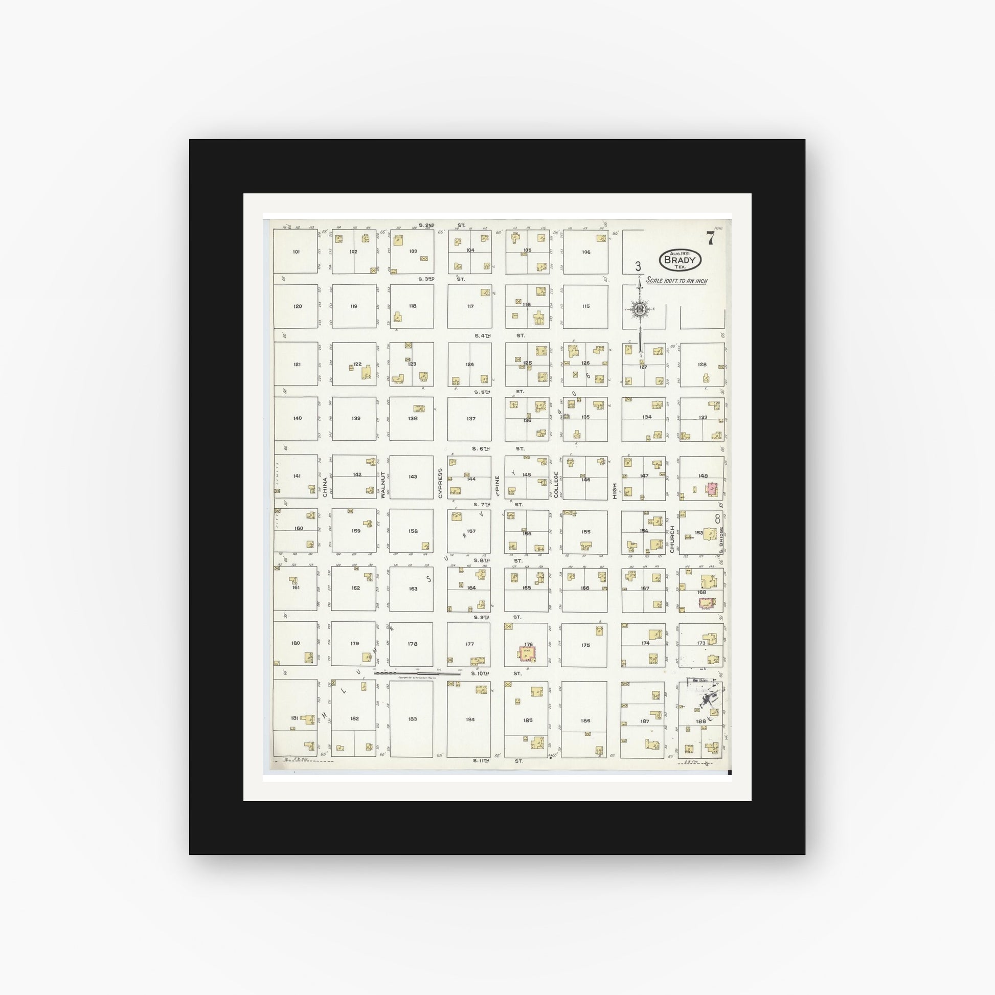 Old map wall art mockup — black gallery frame with white mat — Sanborn Fire Insurance Map from Brady, McCulloch County, Texas (1921), Sheet #0007