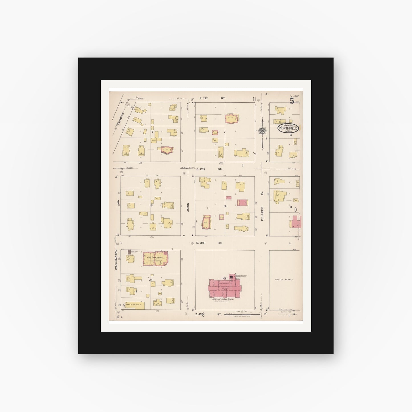 Old map wall art mockup — black gallery frame with white mat — Sanborn Fire Insurance Map from Northfield, Rice County, Minnesota (1922), Sheet #0005