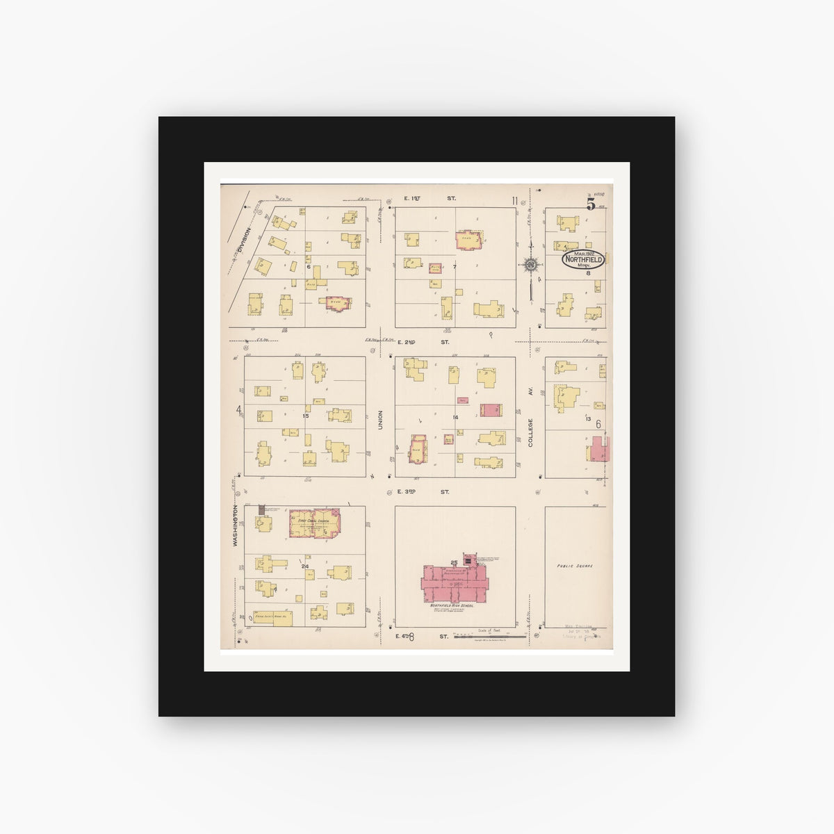 Old map wall art mockup — black gallery frame with white mat — Sanborn Fire Insurance Map from Northfield, Rice County, Minnesota (1922), Sheet #0005