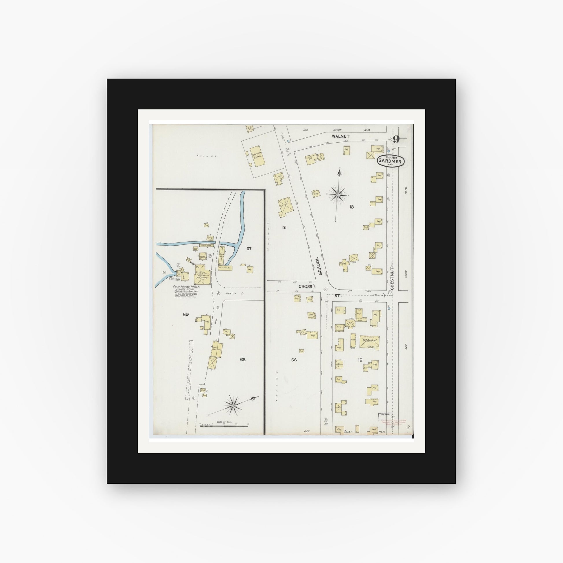 Old map wall art mockup — black gallery frame with white mat — Sanborn Fire Insurance Map from Gardner, Worcester County, Massachusetts (1889), Sheet #0009