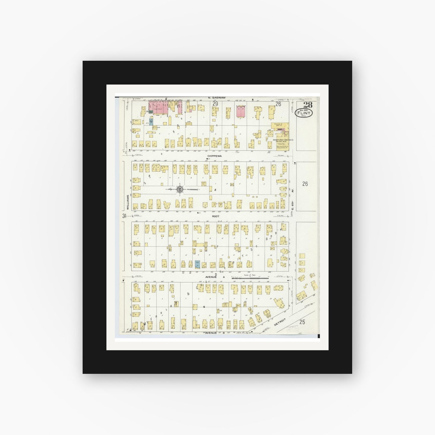 Old map wall art mockup — black gallery frame with white mat — Sanborn Fire Insurance Map from Flint, Genesee County, Michigan (1909), Sheet #0028