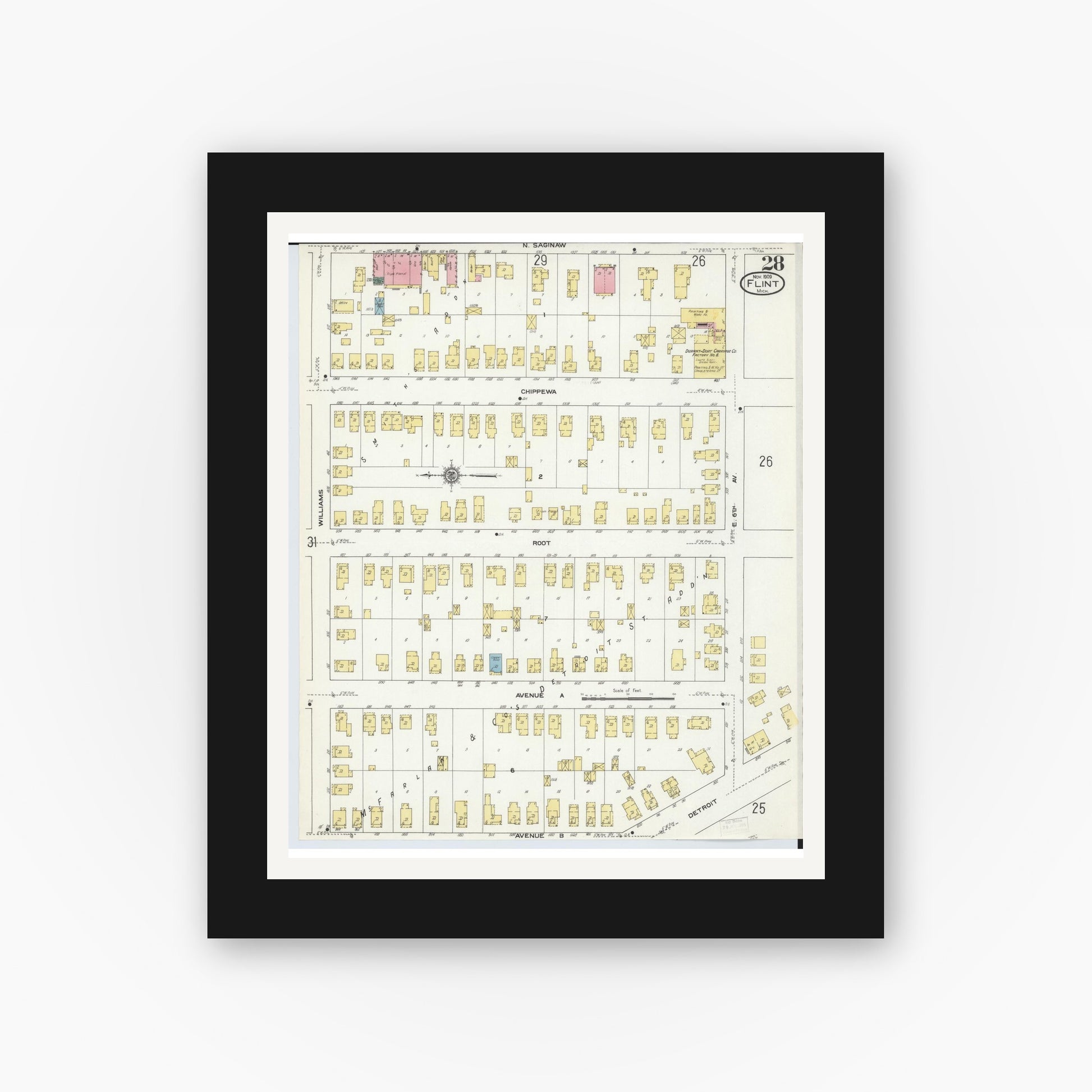 Old map wall art mockup — black gallery frame with white mat — Sanborn Fire Insurance Map from Flint, Genesee County, Michigan (1909), Sheet #0028