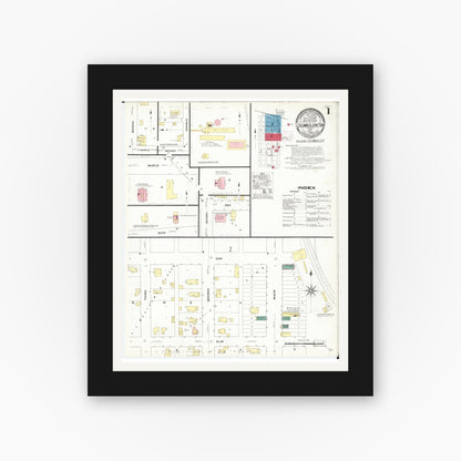 Old map wall art mockup — black gallery frame with white mat — Sanborn Fire Insurance Map from Columbus Junction, Louisa County, Iowa (1909) â€” Complete Set