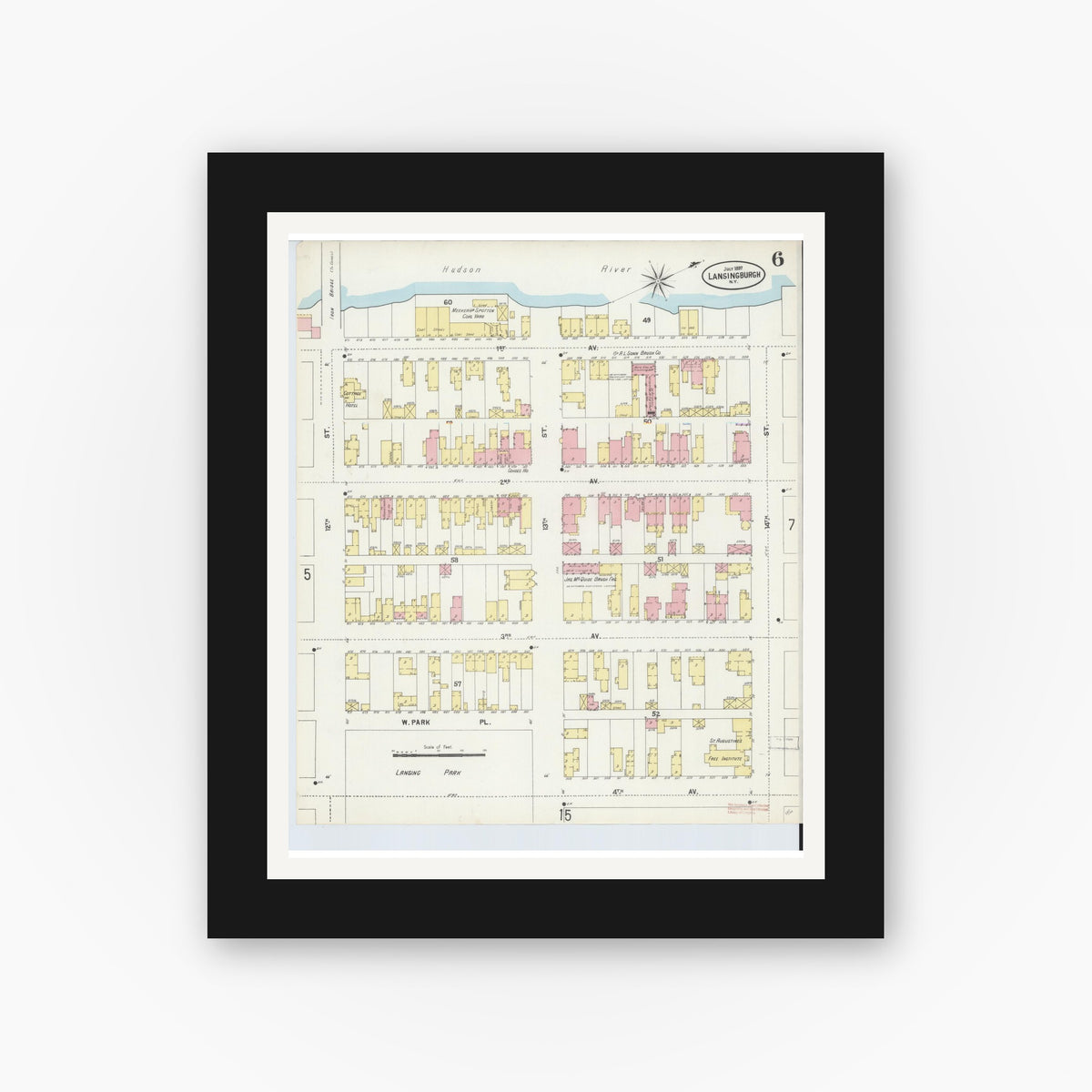 Old map wall art mockup — black gallery frame with white mat — Sanborn Fire Insurance Map from Lansingburg, Rensselaer County, New York (1897), Sheet #0006