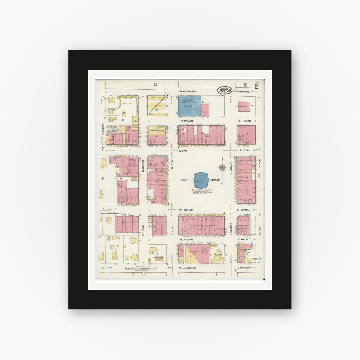 Old map wall art mockup — black gallery frame with white mat — Sanborn Fire Insurance Map from Denton, Denton County, Texas (1921), Sheet #0002