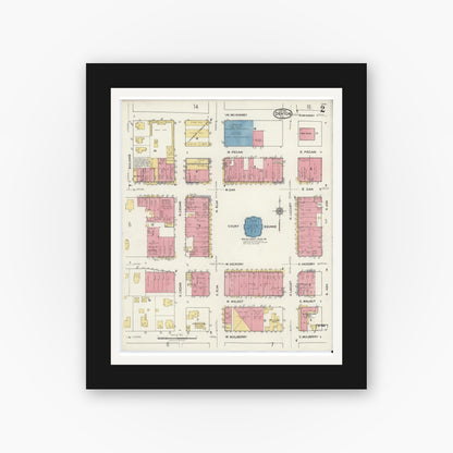 Old map wall art mockup — black gallery frame with white mat — Sanborn Fire Insurance Map from Denton, Denton County, Texas (1921), Sheet #0002
