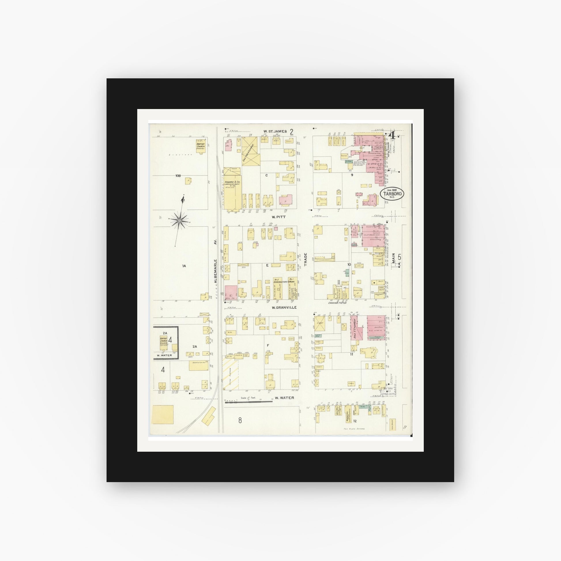Old map wall art mockup — black gallery frame with white mat — Sanborn Fire Insurance Map from Tarboro, Edgecombe County, North Carolina (1908), Sheet #0004