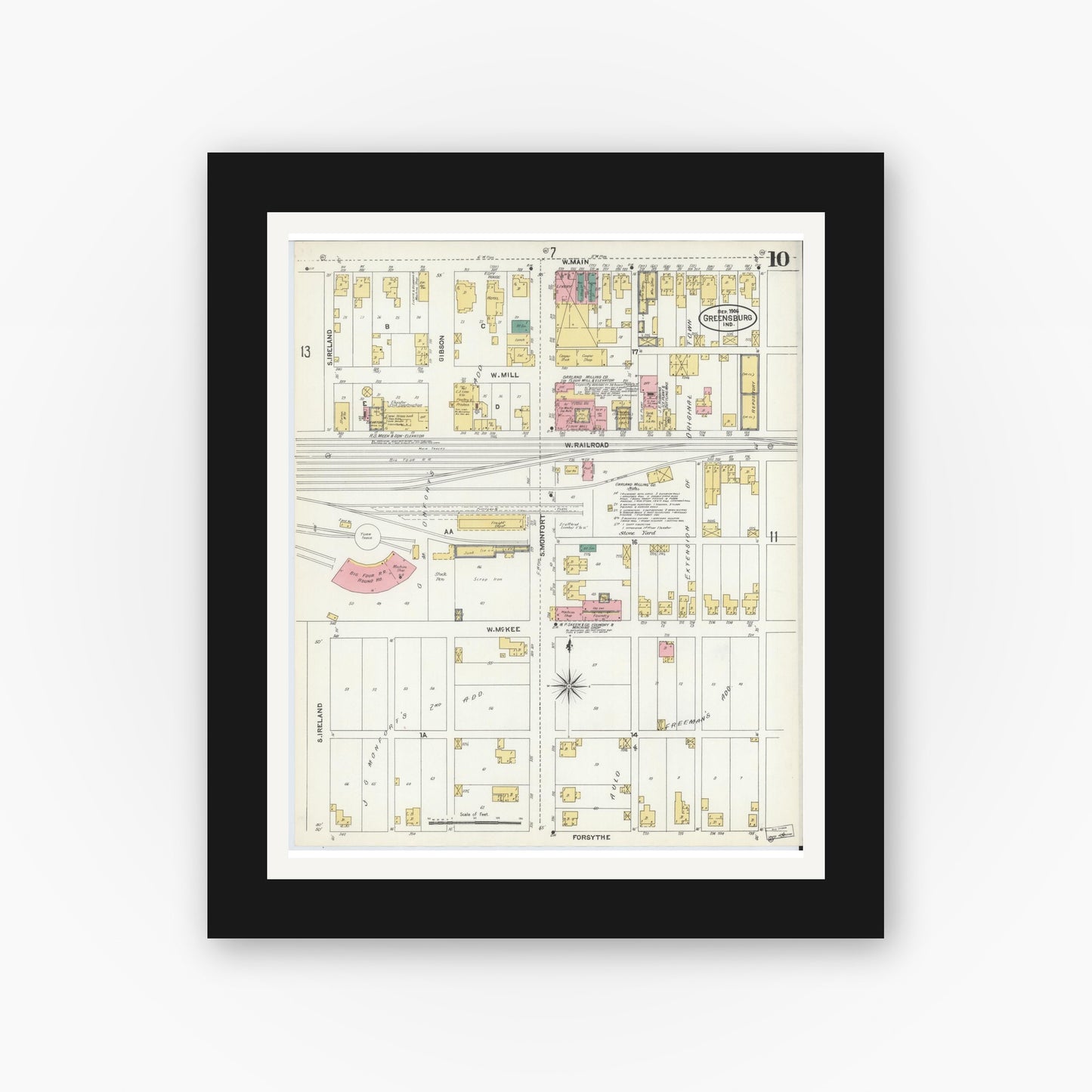 Old map wall art mockup — black gallery frame with white mat — Sanborn Fire Insurance Map from Greensburg, Decatur County, Indiana (1906), Sheet #0010