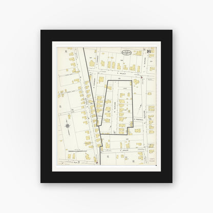 Old map wall art mockup — black gallery frame with white mat — Sanborn Fire Insurance Map from Goldsboro, Wayne County, North Carolina (1913), Sheet #0016