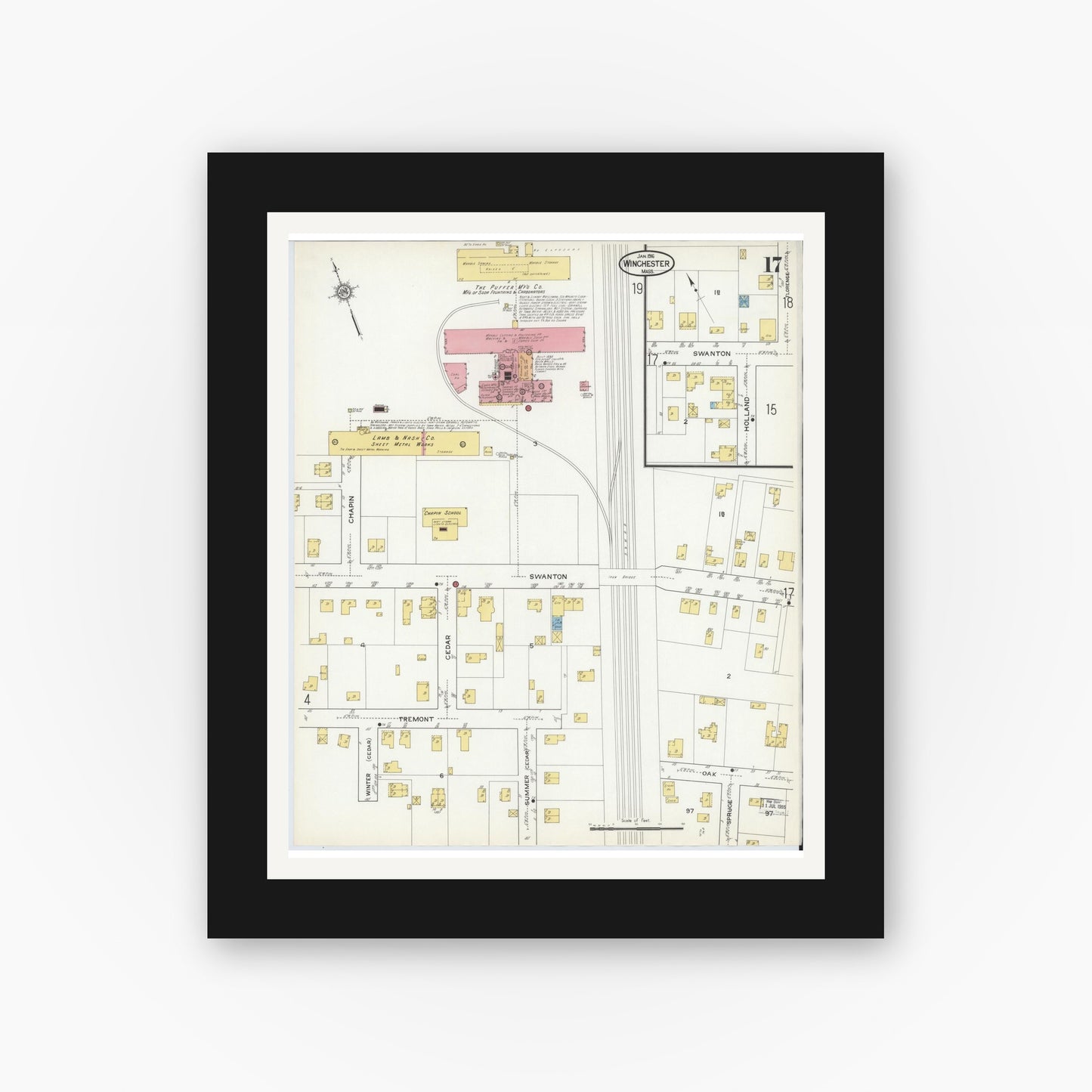 Old map wall art mockup — black gallery frame with white mat — Sanborn Fire Insurance Map from Winchester, Middlesex County, Massachusetts (1916), Sheet #0017