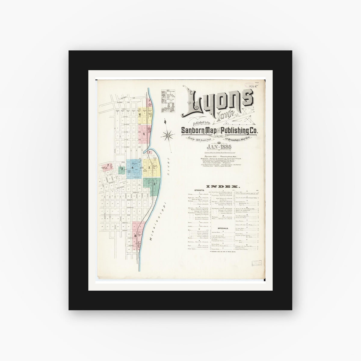 Old map wall art mockup — black gallery frame with white mat — Sanborn Fire Insurance Map from Lyons, Clinton County, Iowa (1886), Sheet #0001