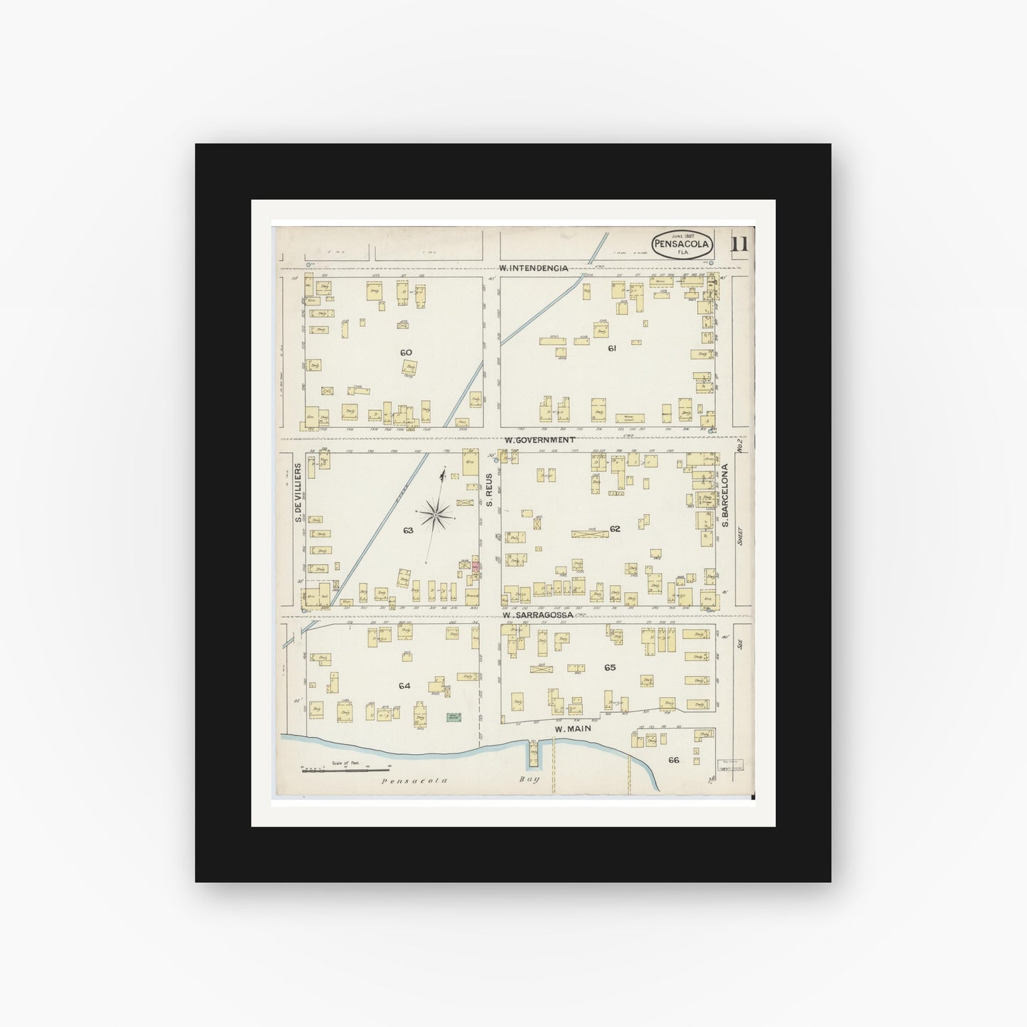 Old map wall art mockup — black gallery frame with white mat — Sanborn Fire Insurance Map from Pensacola, Escambia County, Florida (1887), Sheet #0011