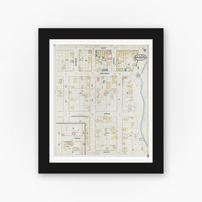 Old map wall art mockup — black gallery frame with white mat — Sanborn Fire Insurance Map from Black River Falls, Jackson County, Wisconsin (1892), Sheet #0004