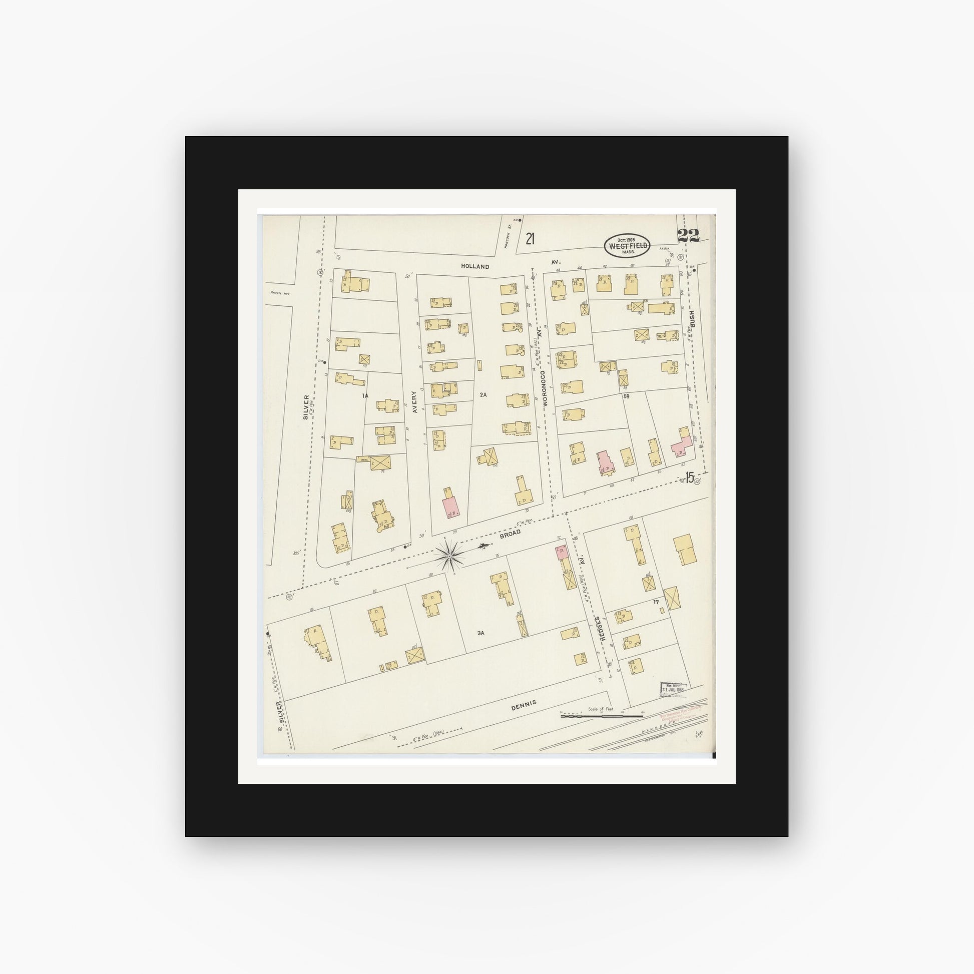 Old map wall art mockup — black gallery frame with white mat — Sanborn Fire Insurance Map from Westfield, Hampden County, Massachusetts (1905), Sheet #0022