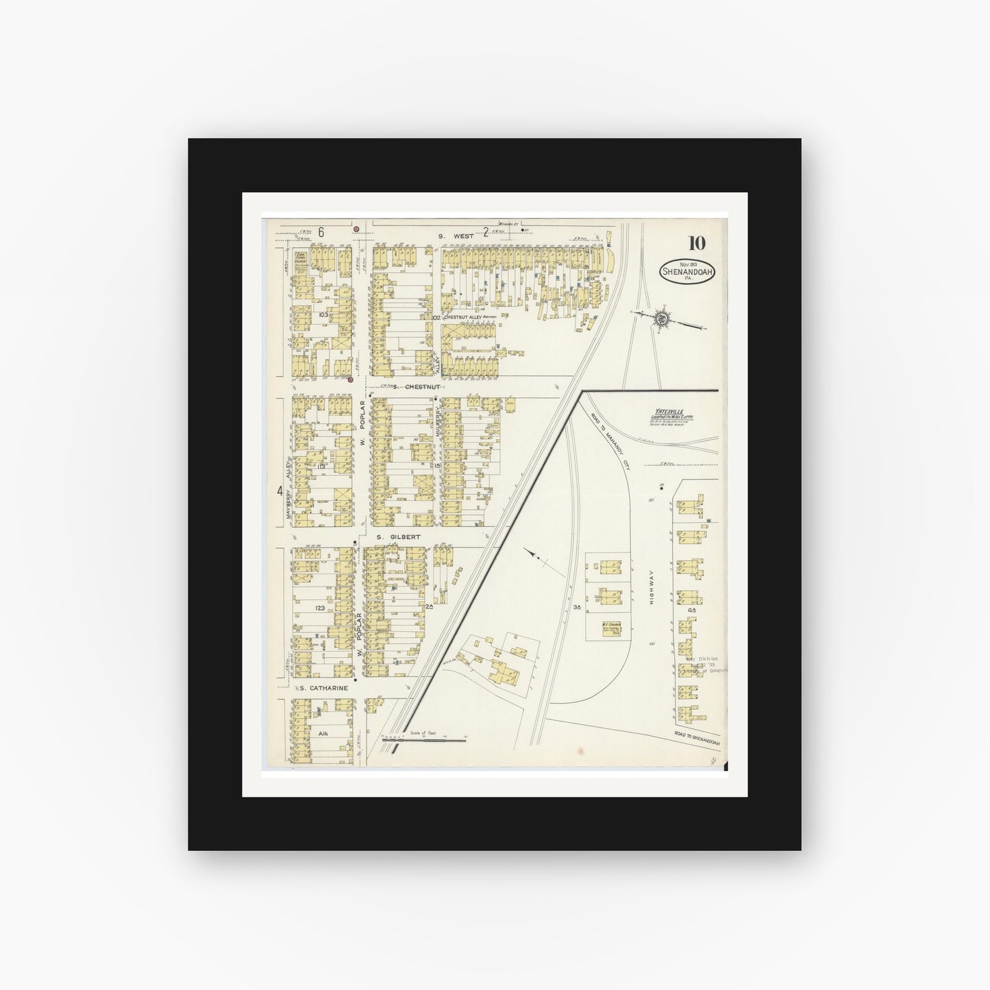 Old map wall art mockup — black gallery frame with white mat — Sanborn Fire Insurance Map from Shenandoah, Schuylkill County, Pennsylvania (1913), Sheet #0010