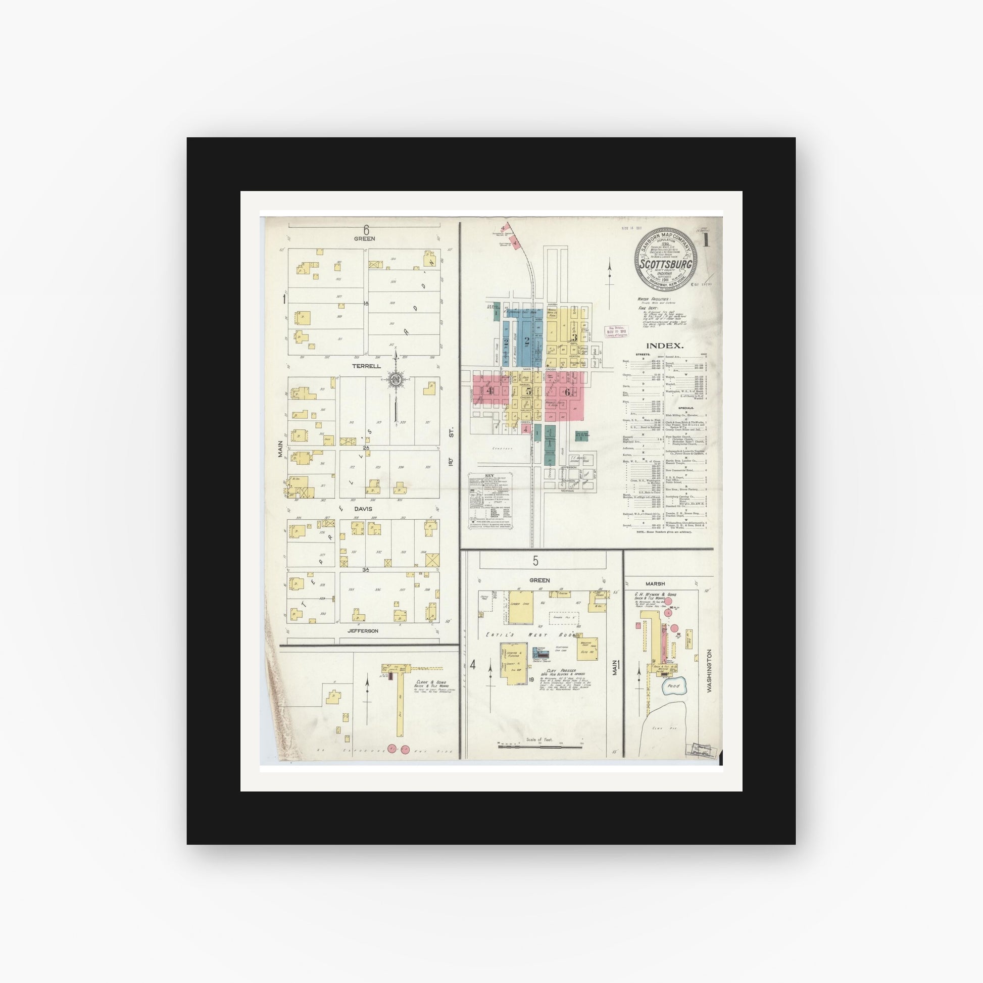 Old map wall art mockup — black gallery frame with white mat — Sanborn Fire Insurance Map from Scottsburg, Scott County, Indiana (1911) - Complete Map Set