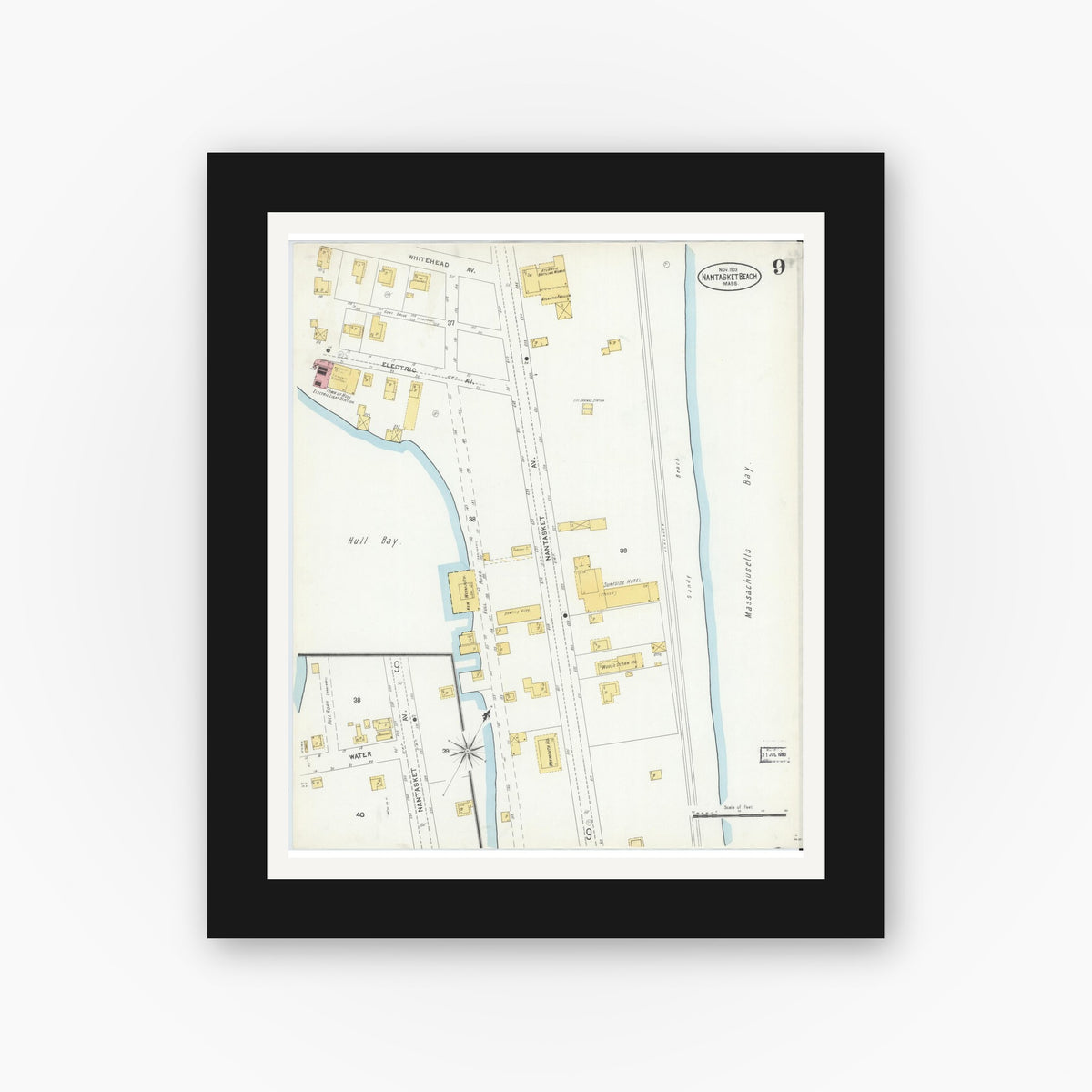 Old map wall art mockup — black gallery frame with white mat — Sanborn Fire Insurance Map from Nantasket Beach, Plymouth County, Massachusetts (1903), Sheet #0009