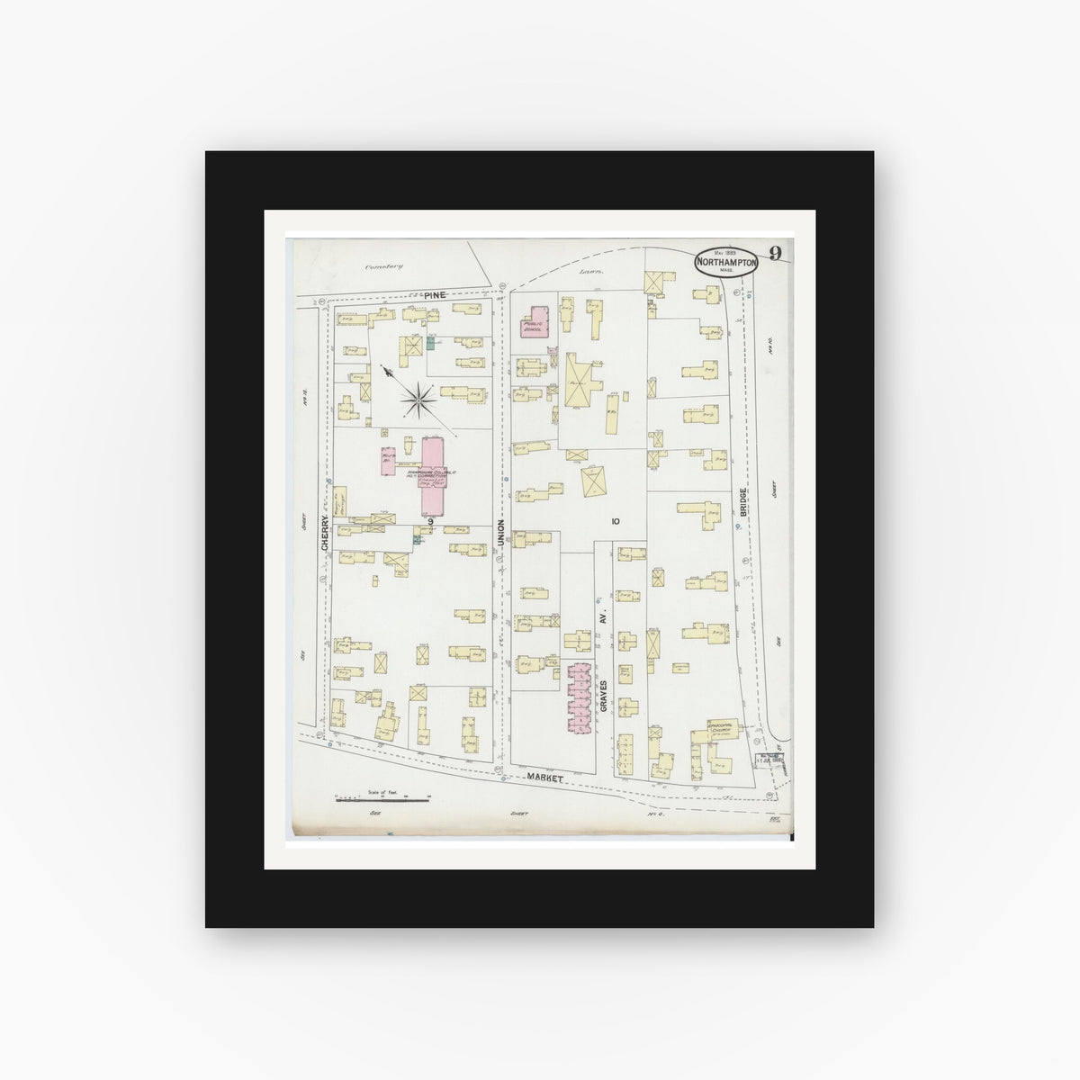 Old map wall art mockup — black gallery frame with white mat — Sanborn Fire Insurance Map from Northampton, Hampshire County, Massachusetts (1889), Sheet #0009