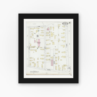 Old map wall art mockup — black gallery frame with white mat — Sanborn Fire Insurance Map from Northampton, Hampshire County, Massachusetts (1889), Sheet #0009