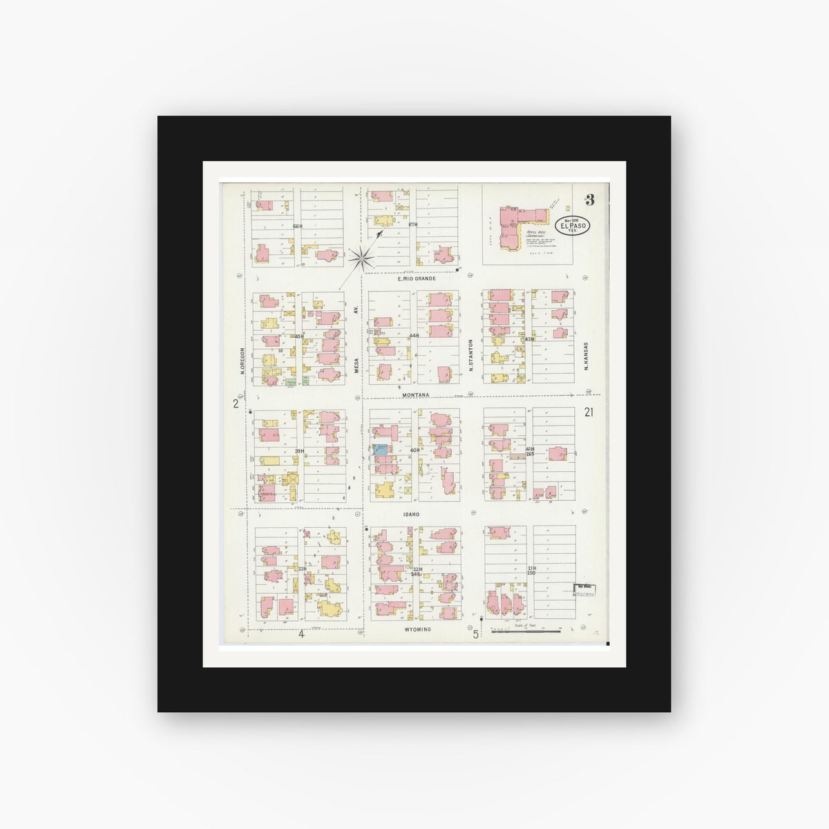 Old map wall art mockup — black gallery frame with white mat — Sanborn Fire Insurance Map from El Paso, El Paso County, Texas (1898), Sheet #0003