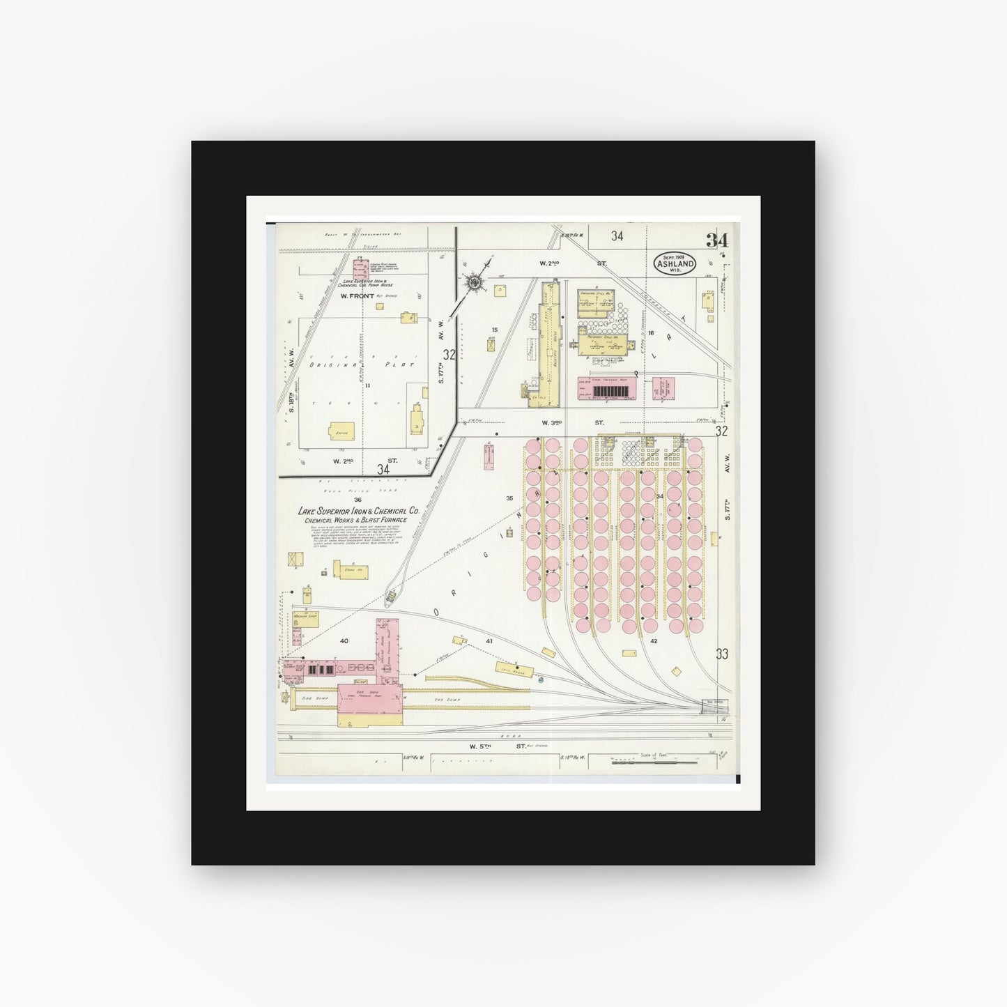 Old map wall art mockup — black gallery frame with white mat — Sanborn Fire Insurance Map from Ashland, Ashland County, Wisconsin (1909), Sheet #0034