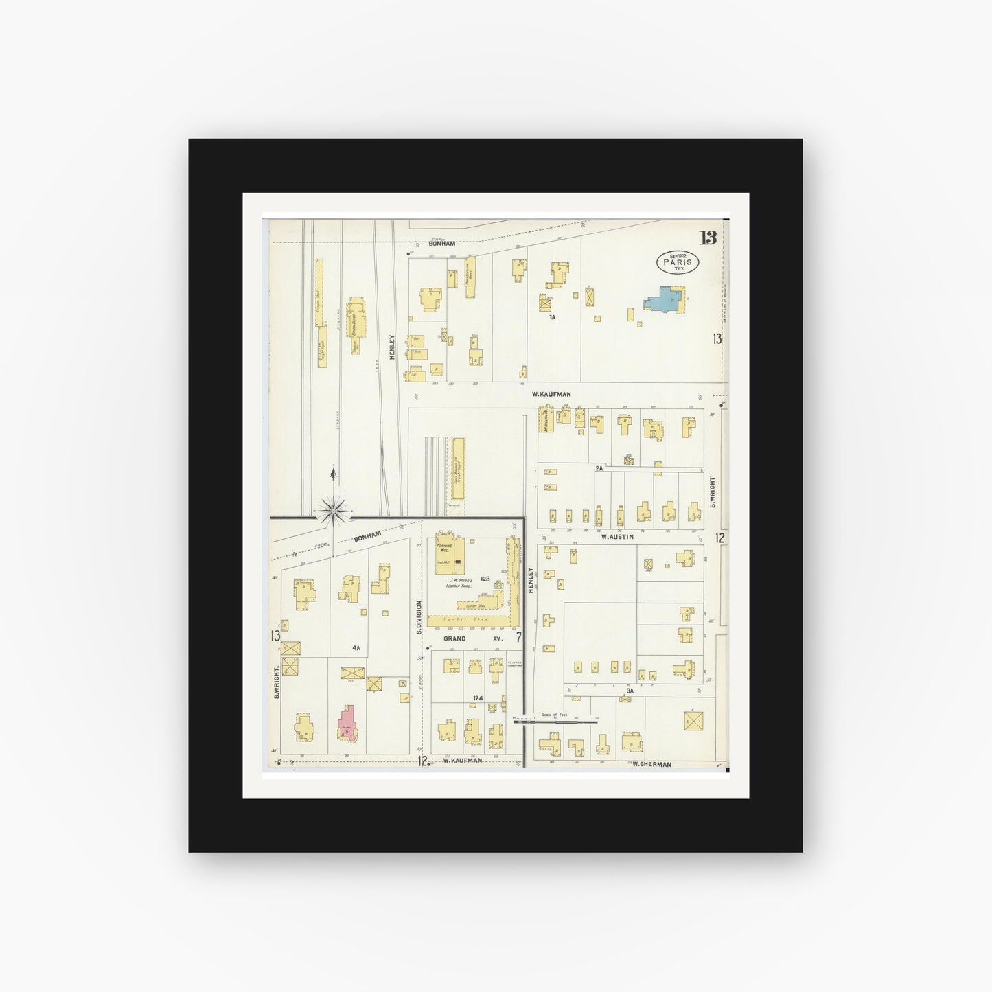 Old map wall art mockup — black gallery frame with white mat — Sanborn Fire Insurance Map from Paris, Lamar County, Texas (1902), Sheet #0013