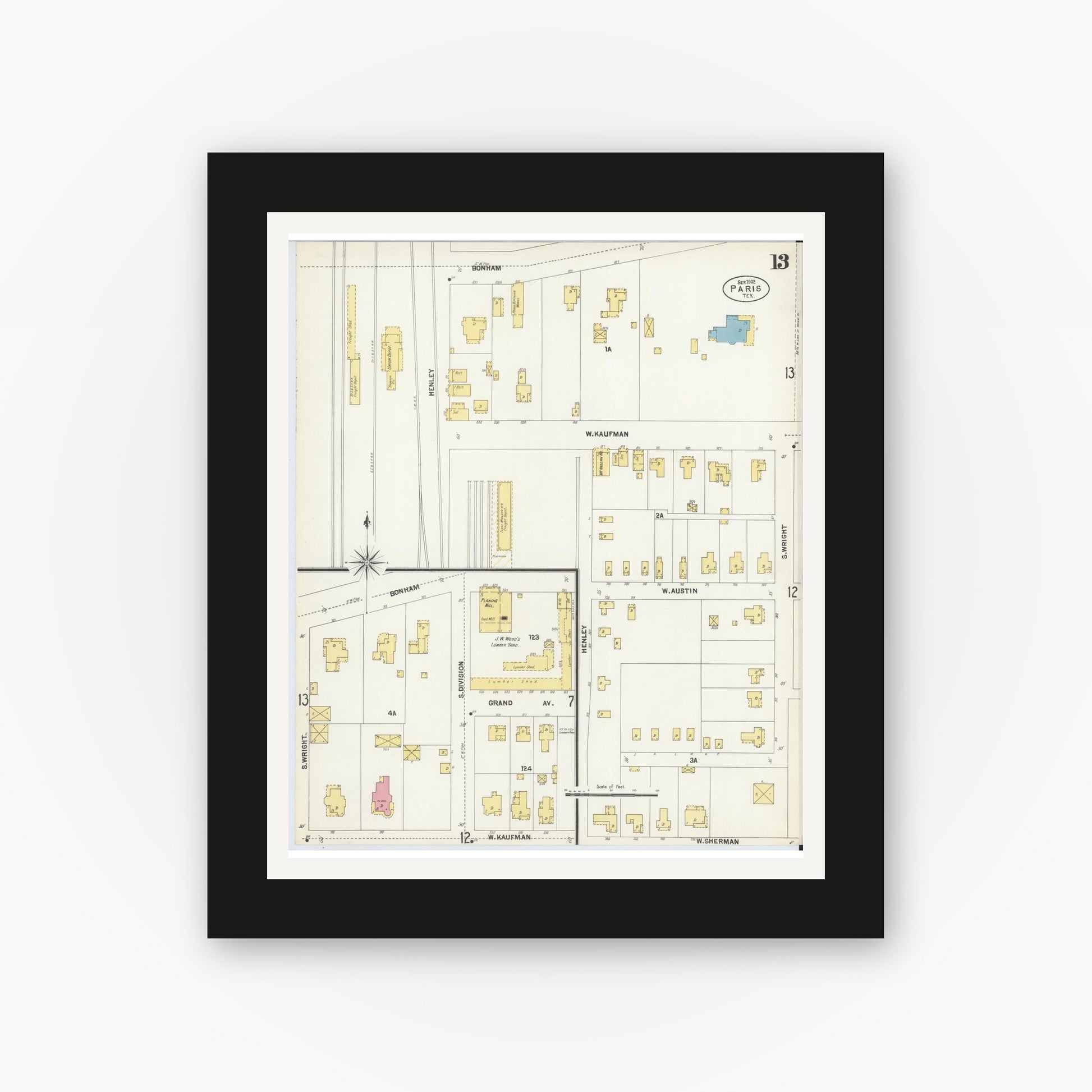 Old map wall art mockup — black gallery frame with white mat — Sanborn Fire Insurance Map from Paris, Lamar County, Texas (1902), Sheet #0013