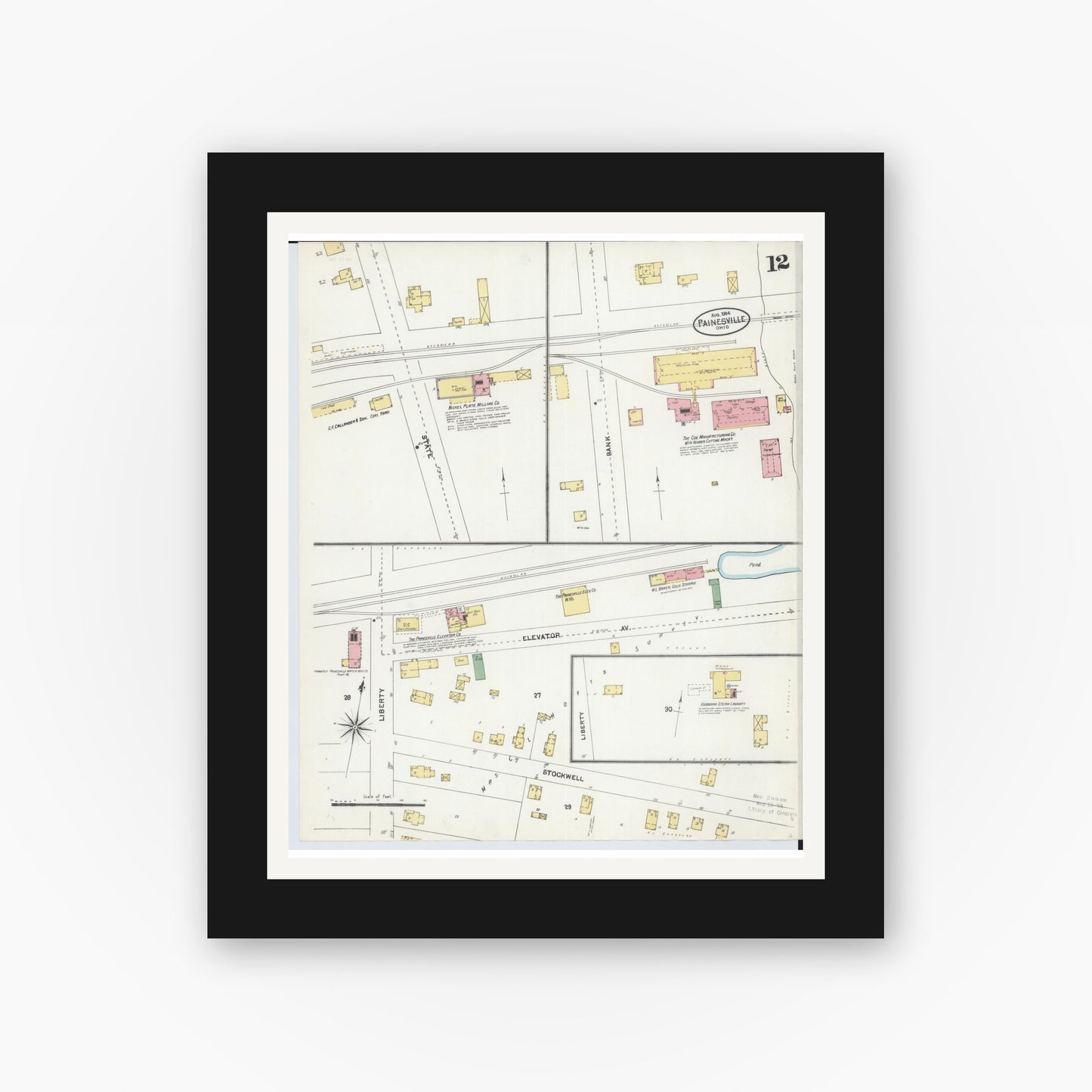 Old map wall art mockup — black gallery frame with white mat — Sanborn Fire Insurance Map from Painesville, Lake County, Ohio (1904), Sheet #0012