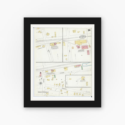 Old map wall art mockup — black gallery frame with white mat — Sanborn Fire Insurance Map from Painesville, Lake County, Ohio (1904), Sheet #0012