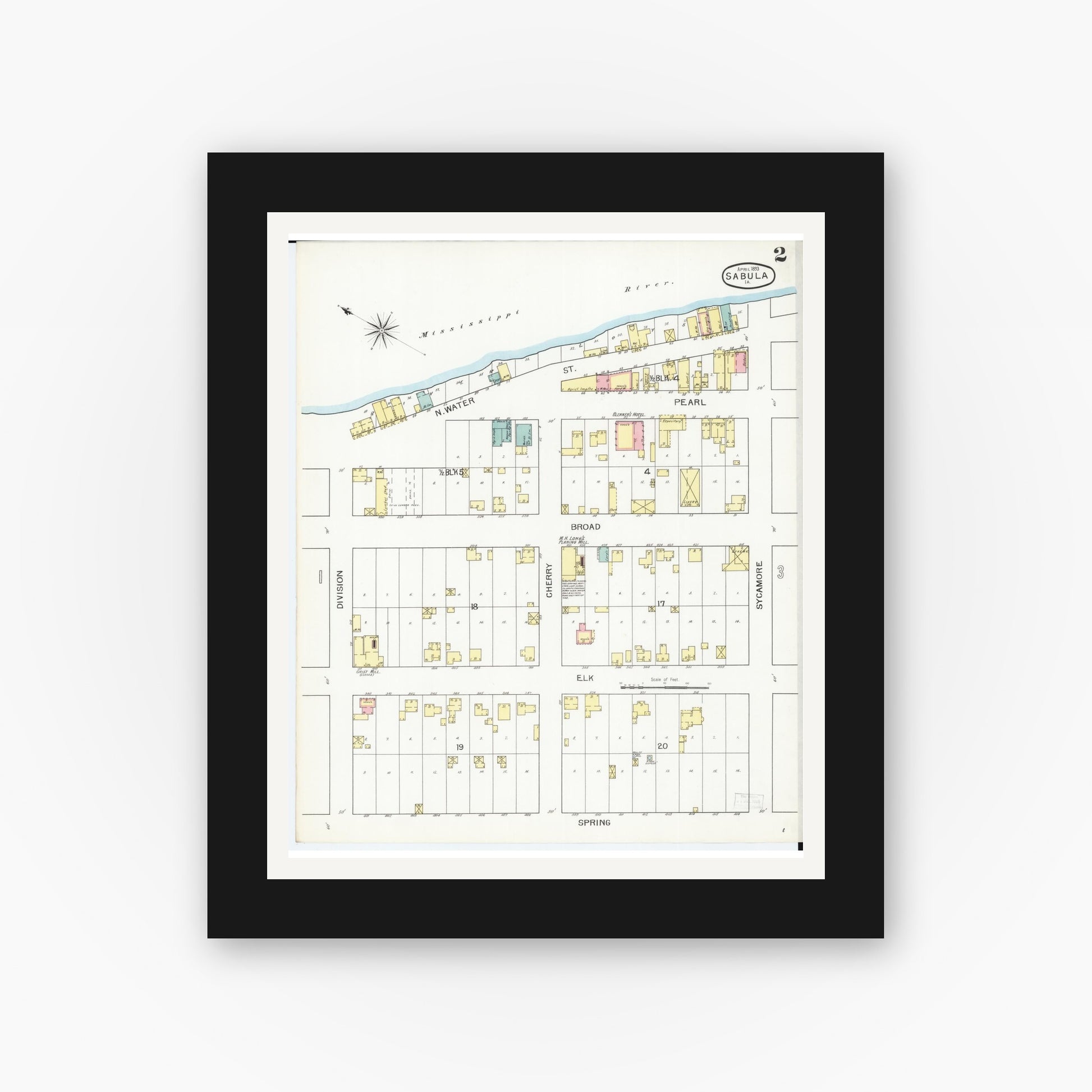 Old map wall art mockup — black gallery frame with white mat — Sanborn Fire Insurance Map from Sabula, Jackson County, Iowa (1893), Sheet #0002