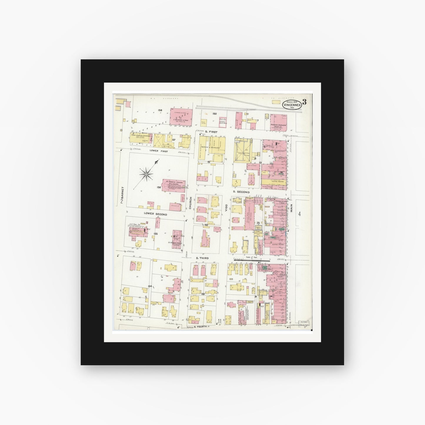 Old map wall art mockup — black gallery frame with white mat — Sanborn Fire Insurance Map from Vincennes, Knox County, Indiana (1909), Sheet #0003