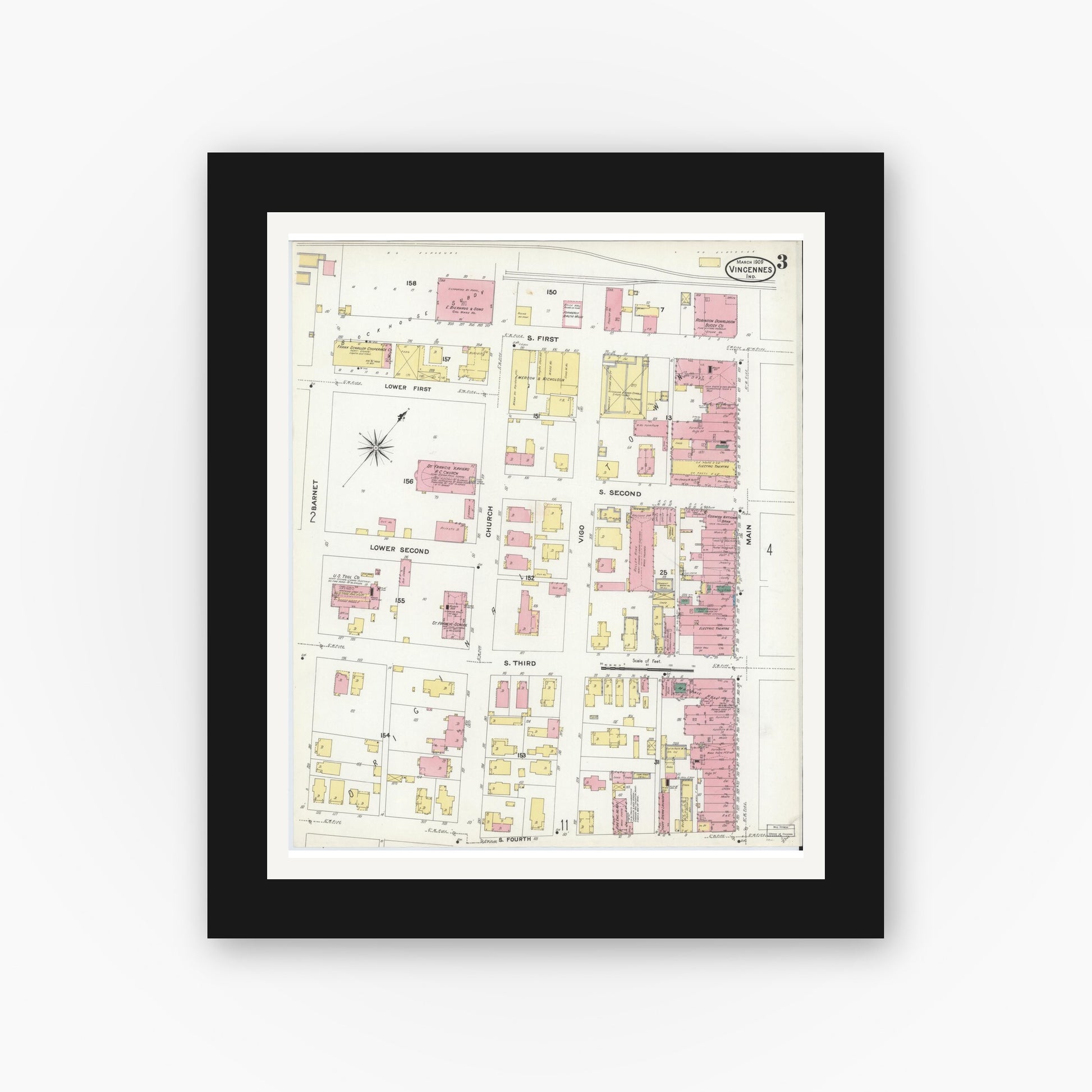 Old map wall art mockup — black gallery frame with white mat — Sanborn Fire Insurance Map from Vincennes, Knox County, Indiana (1909), Sheet #0003