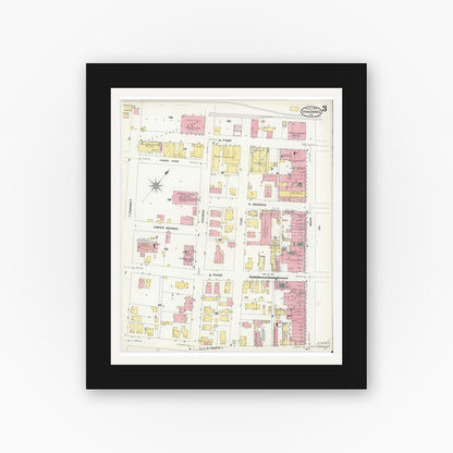 Old map wall art mockup — black gallery frame with white mat — Sanborn Fire Insurance Map from Vincennes, Knox County, Indiana (1909), Sheet #0003