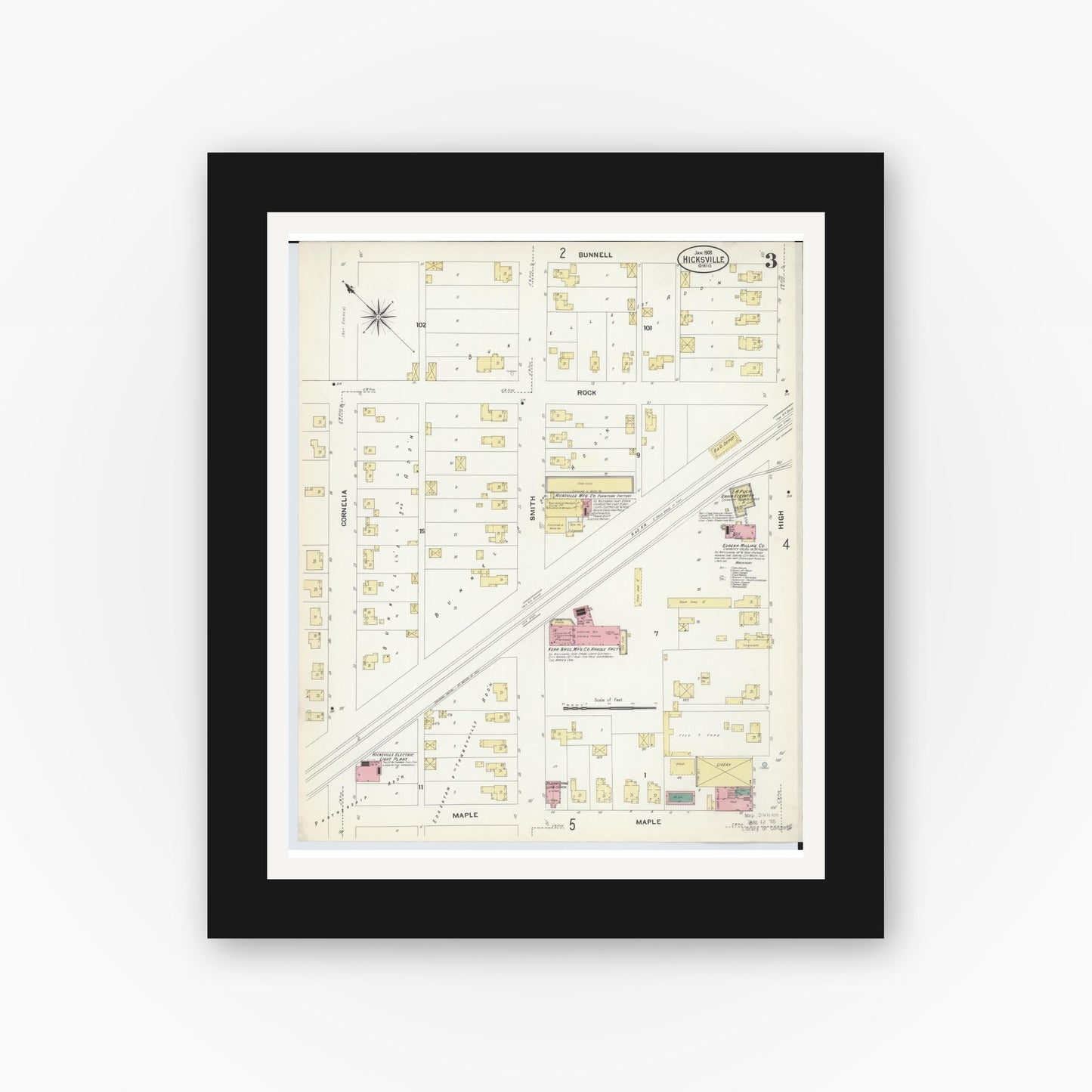 Old map wall art mockup — black gallery frame with white mat — Sanborn Fire Insurance Map from Hicksville, Defiance County, Ohio (1908), Sheet #0003