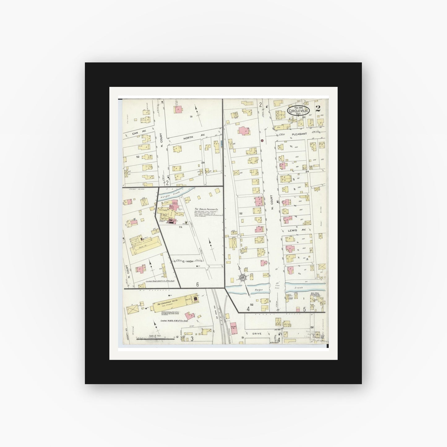Old map wall art mockup — black gallery frame with white mat — Sanborn Fire Insurance Map from Circleville, Pickaway County, Ohio (1914), Sheet #0002