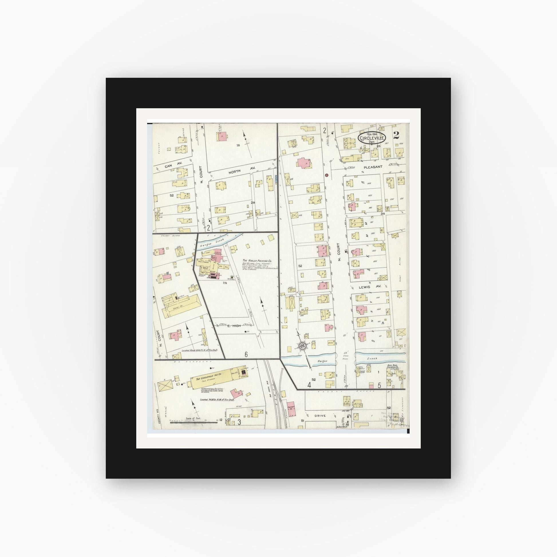 Old map wall art mockup — black gallery frame with white mat — Sanborn Fire Insurance Map from Circleville, Pickaway County, Ohio (1914), Sheet #0002