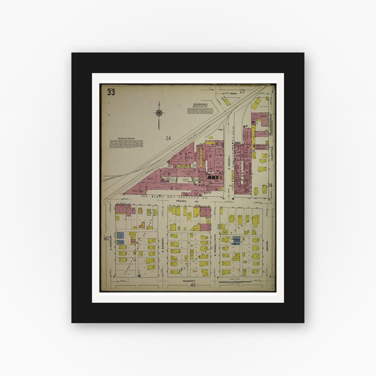 Old map wall art mockup — black gallery frame with white mat — Sanborn Fire Insurance Map from Kenosha, Kenosha County, Wisconsin. (1918), Sheet 37