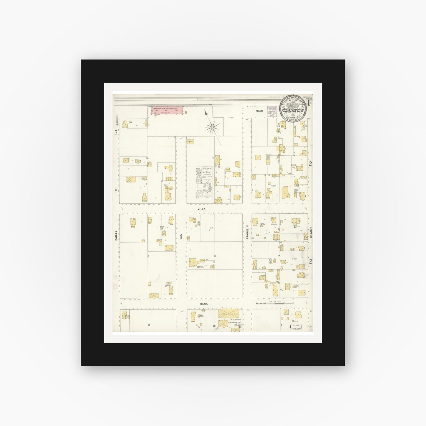 Old map wall art mockup — black gallery frame with white mat — Sanborn Fire Insurance Map from Mountain View, Santa Clara County, California (1904) - Complete Map Set