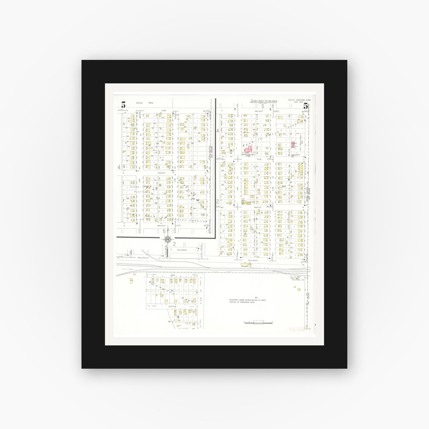 Old map wall art mockup — black gallery frame with white mat — Sanborn Fire Insurance Map from Valley Junction, Polk County, Iowa (1937), Sheet #0005