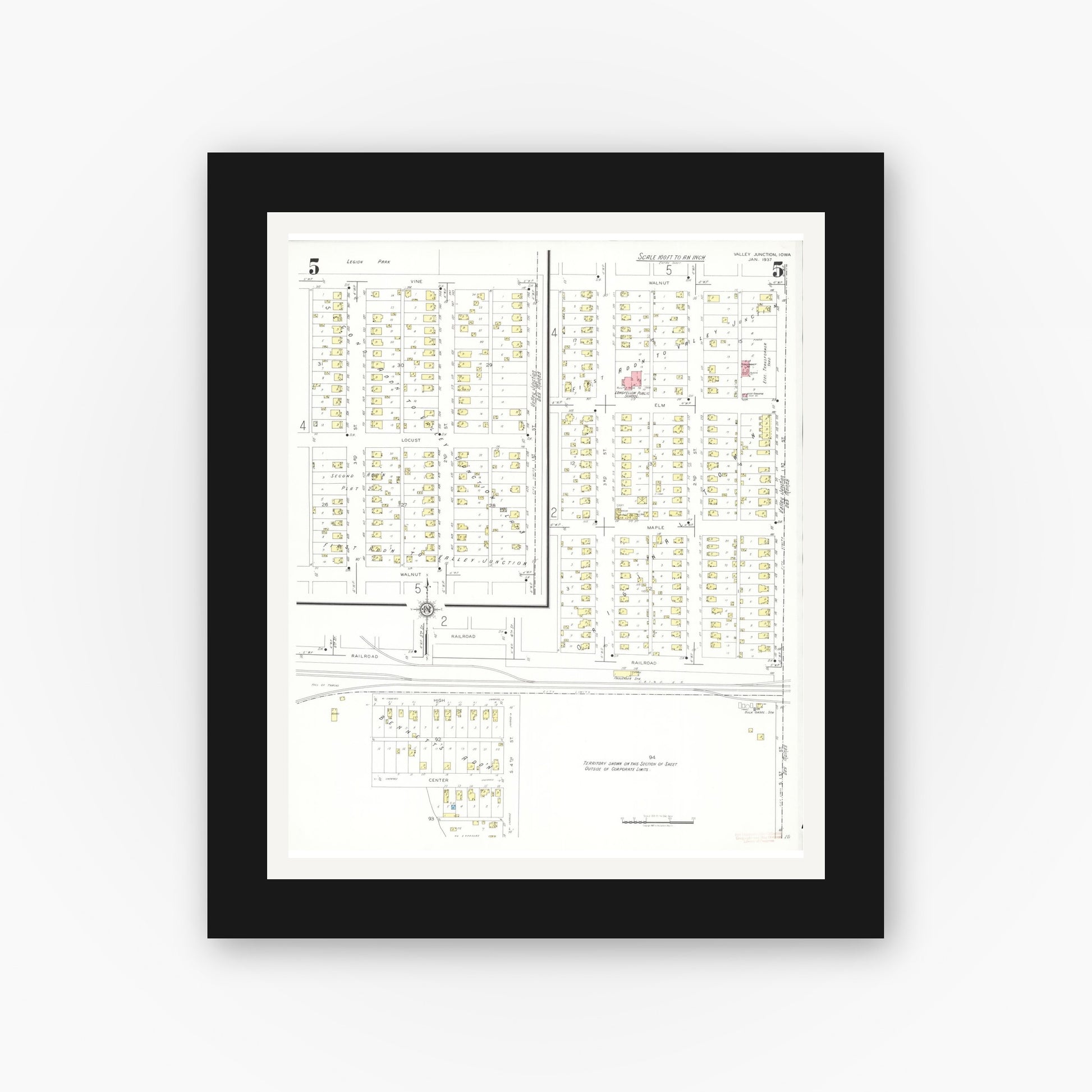 Old map wall art mockup — black gallery frame with white mat — Sanborn Fire Insurance Map from Valley Junction, Polk County, Iowa (1937), Sheet #0005