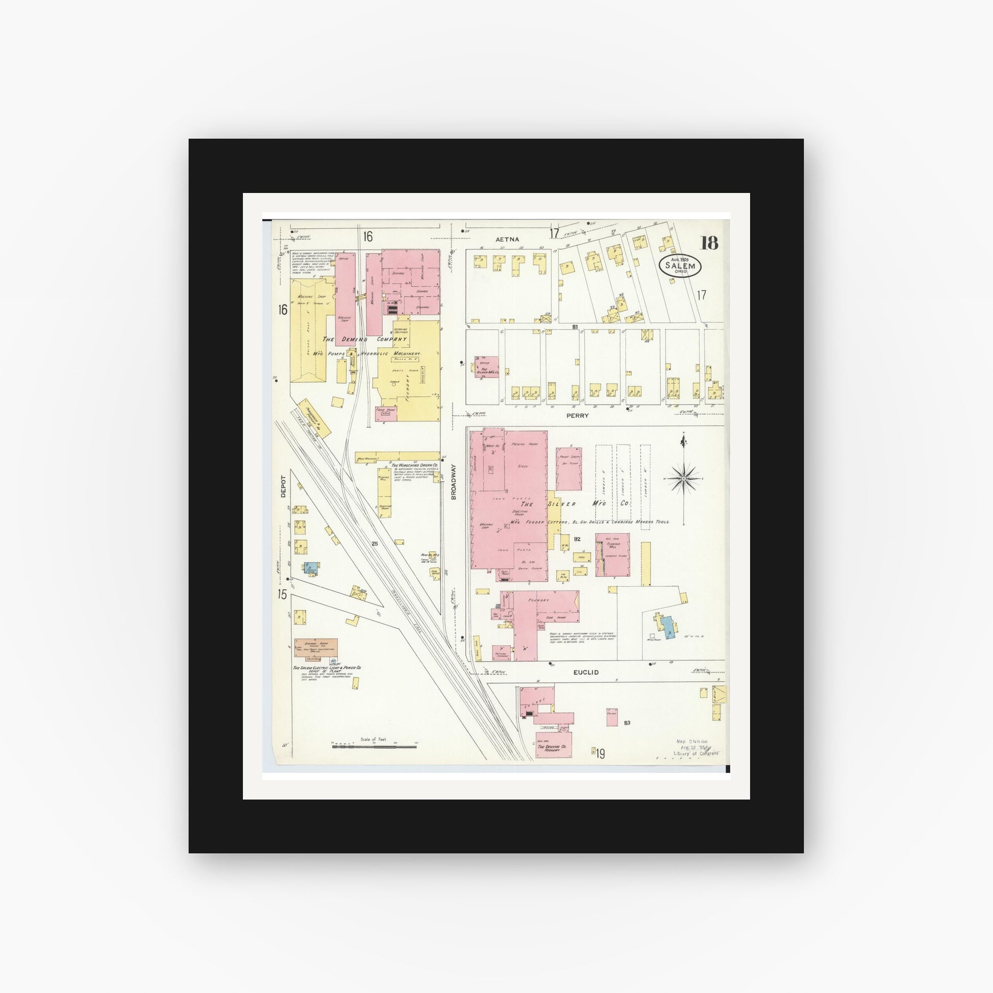 Old map wall art mockup — black gallery frame with white mat — Sanborn Fire Insurance Map from Salem, Columbiana County, Ohio (1909), Sheet #0018