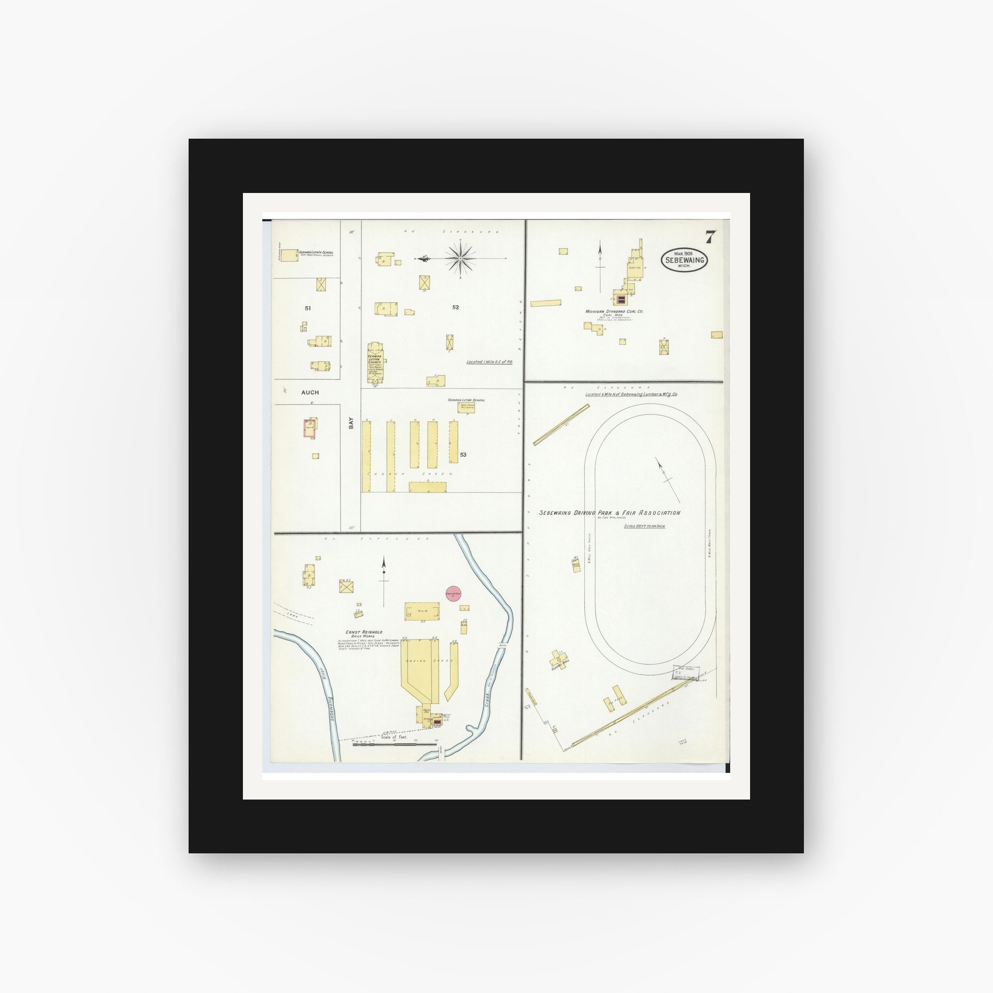 Old map wall art mockup — black gallery frame with white mat — Sanborn Fire Insurance Map from Sebewaing, Huron County, Michigan (1909), Sheet #0007