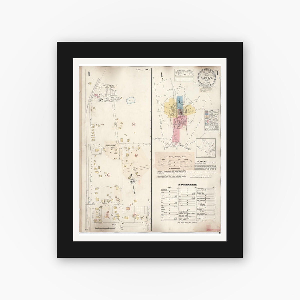 Old map wall art mockup — black gallery frame with white mat — Sanborn Fire Insurance Map from Overton, Rusk County, Texas (1939) - Complete Map Set