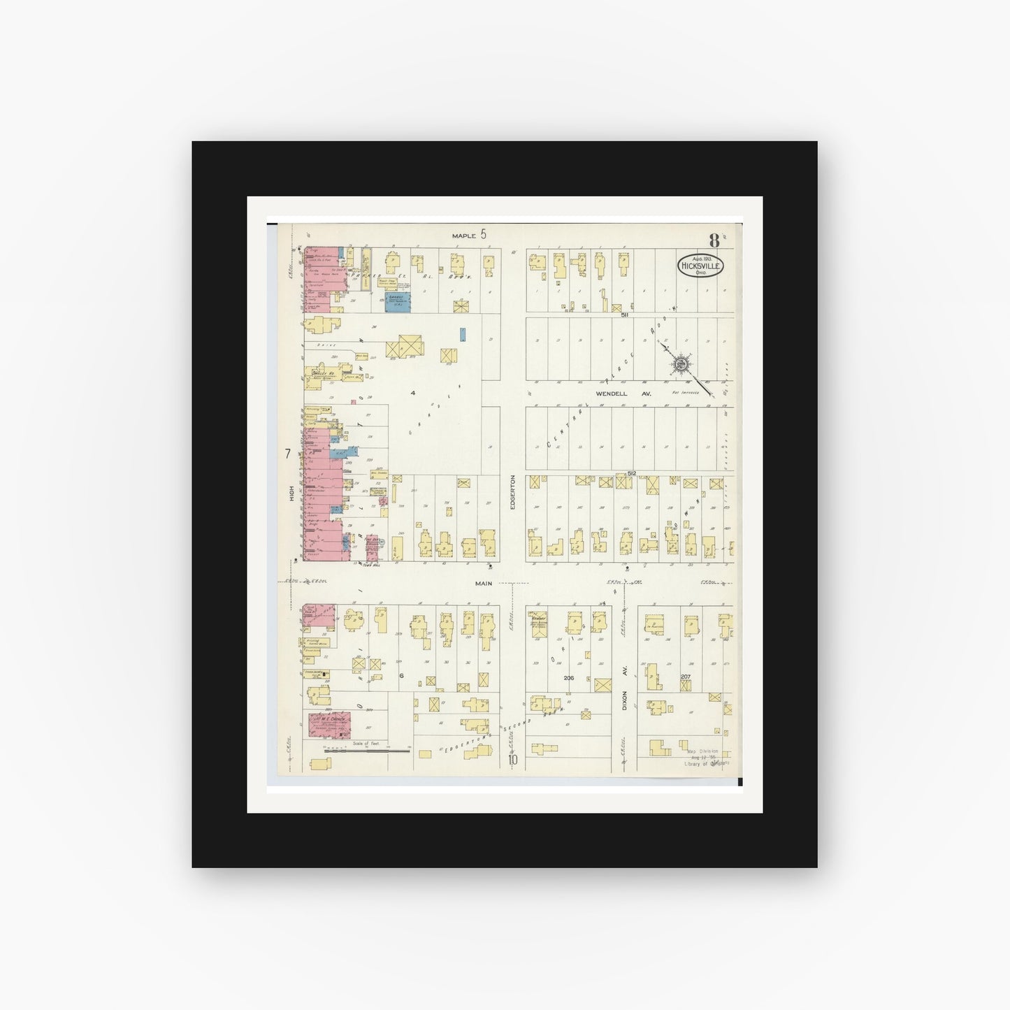 Old map wall art mockup — black gallery frame with white mat — Sanborn Fire Insurance Map from Hicksville, Defiance County, Ohio (1913), Sheet #0008