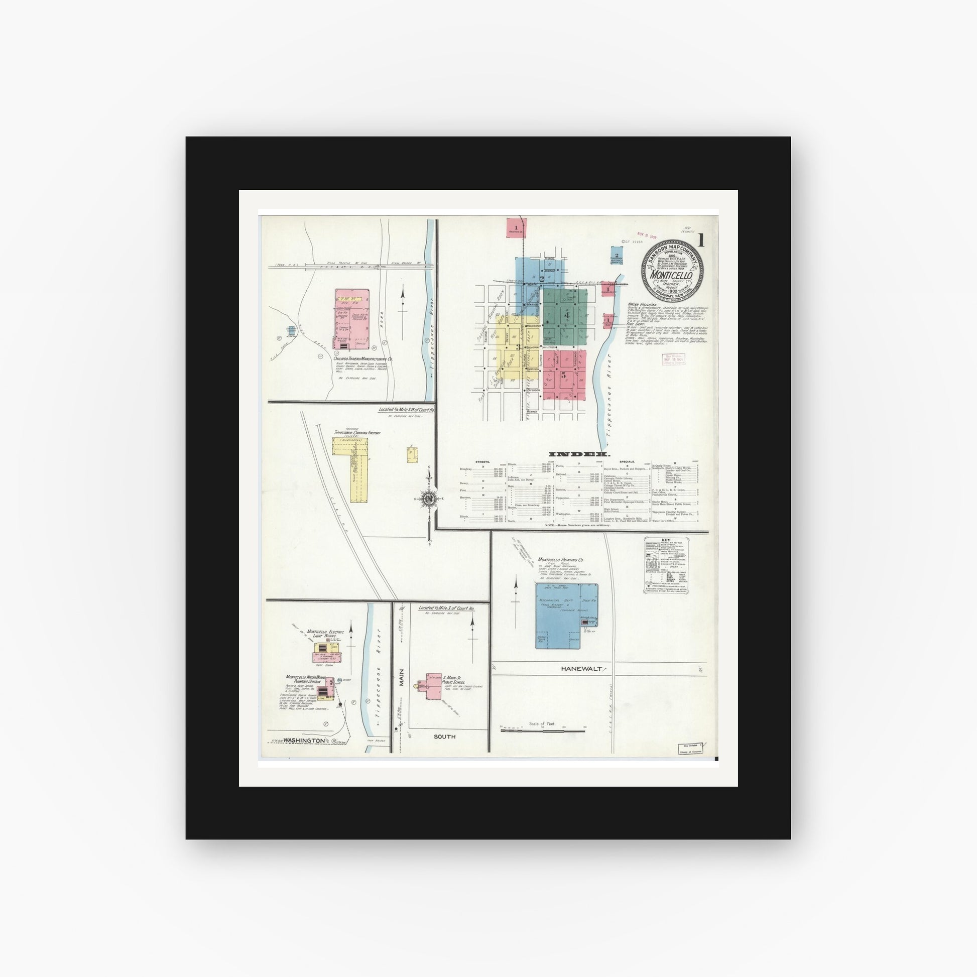 Old map wall art mockup — black gallery frame with white mat — Sanborn Fire Insurance Map from Monticello, White County, Indiana (1909), Sheet #0001