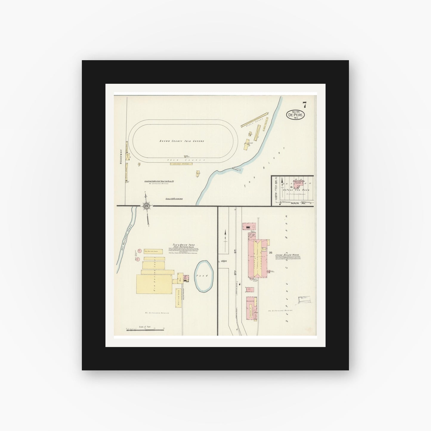 Old map wall art mockup — black gallery frame with white mat — Sanborn Fire Insurance Map from De Pere, Brown County, Wisconsin (1914), Sheet #0007
