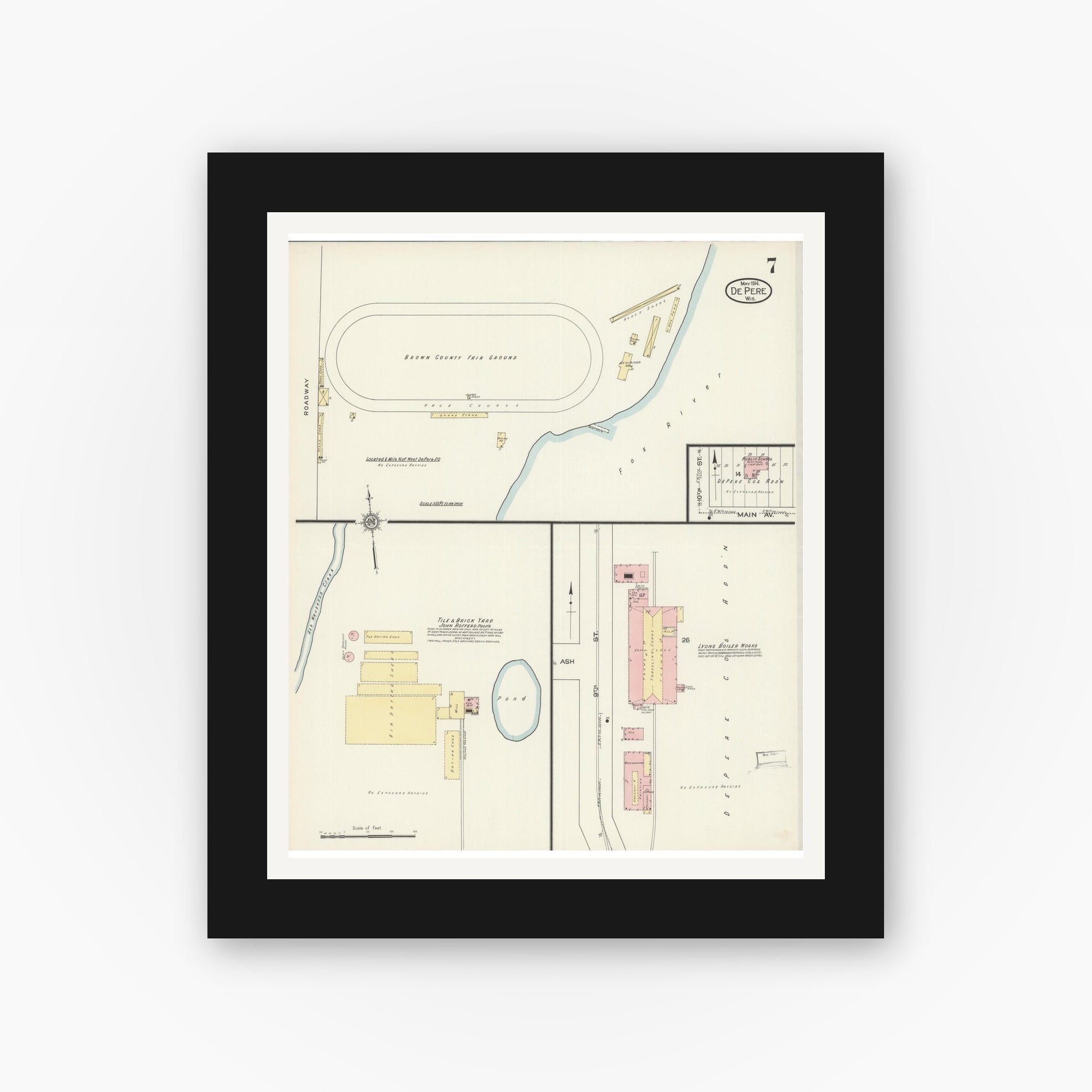 Old map wall art mockup — black gallery frame with white mat — Sanborn Fire Insurance Map from De Pere, Brown County, Wisconsin (1914), Sheet #0007