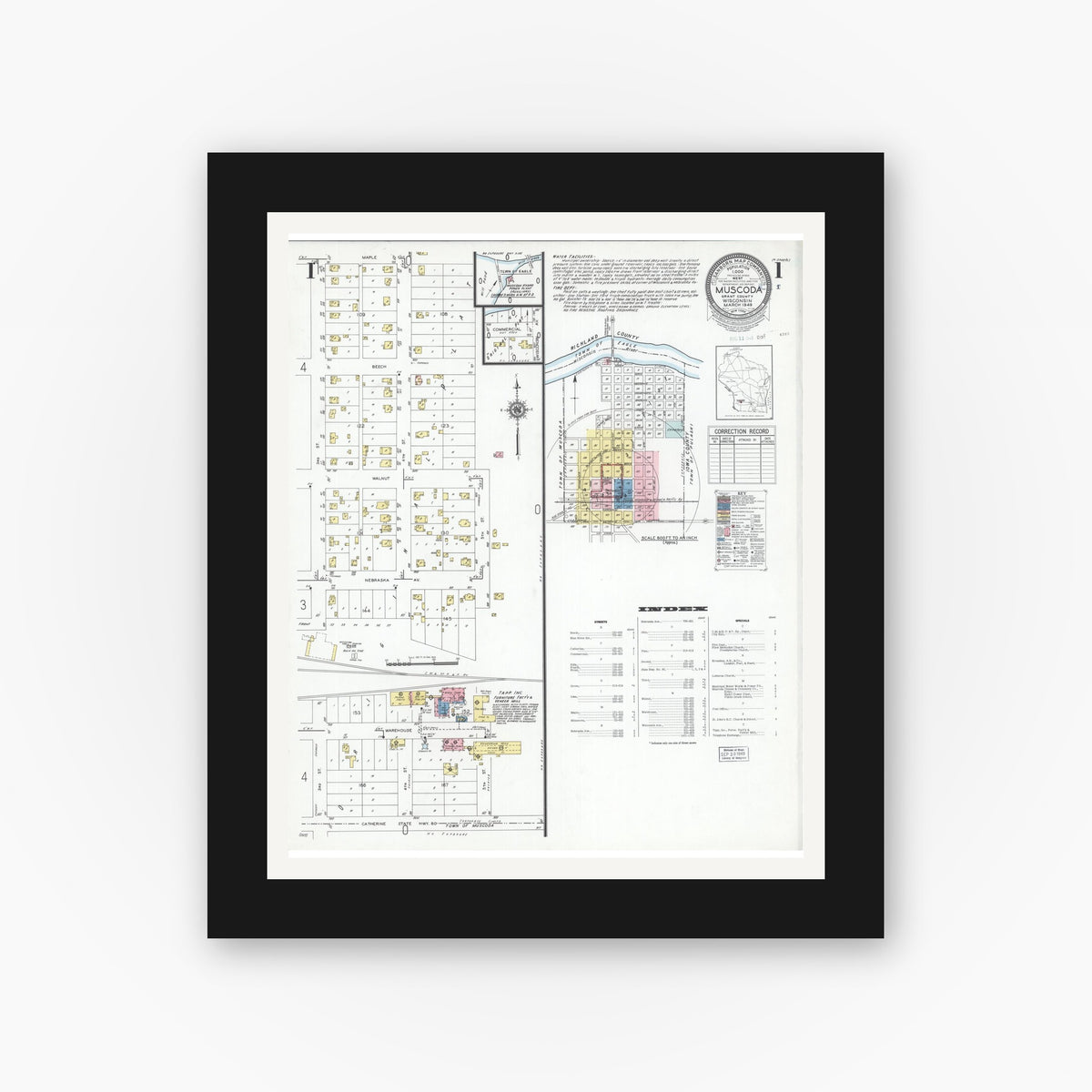 Old map wall art mockup — black gallery frame with white mat — Sanborn Fire Insurance Map from Muscoda, Grant County, Wisconsin (1949) - Complete Map Set