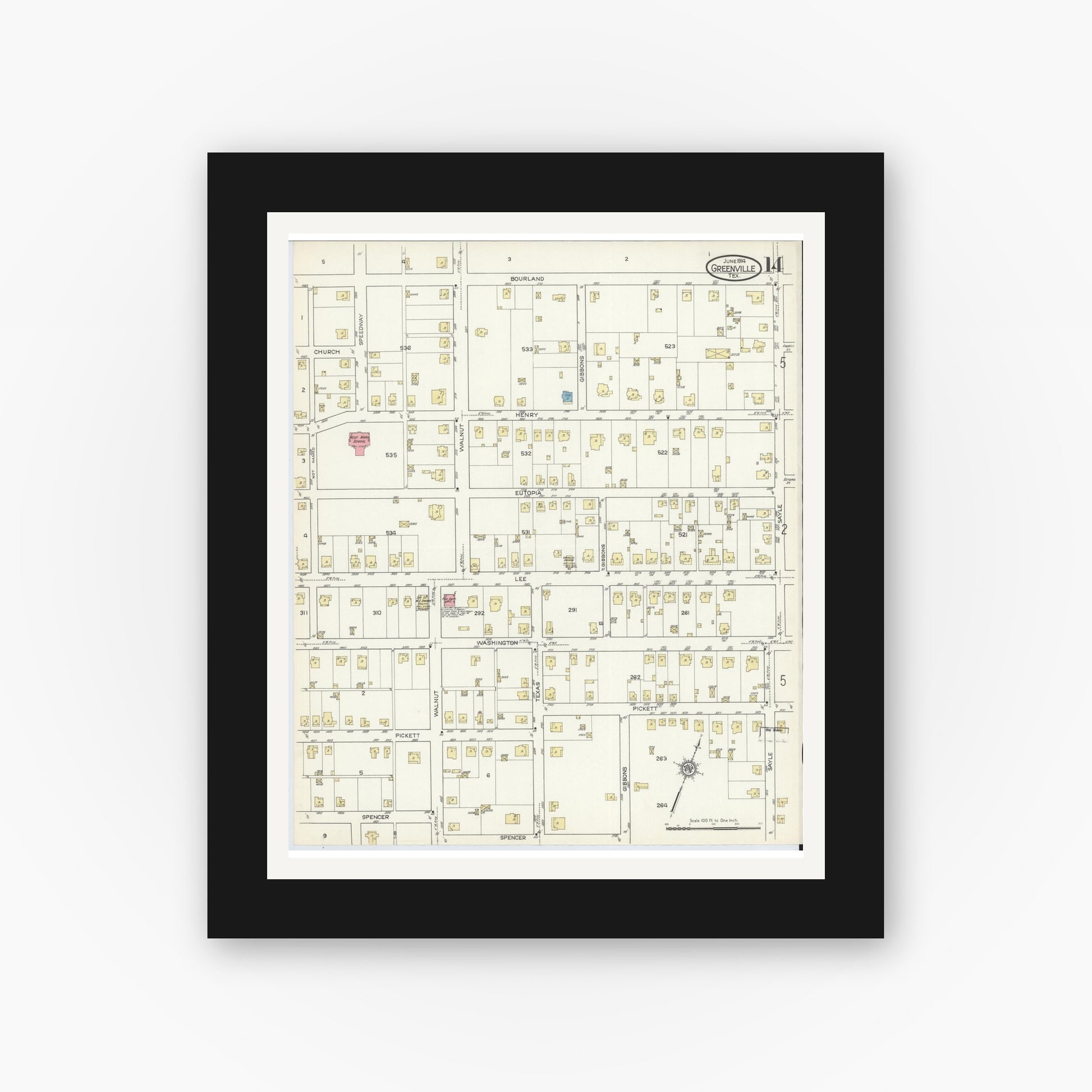 Old map wall art mockup — black gallery frame with white mat — Sanborn Fire Insurance Map from Greenville, Hunt County, Texas (1914), Sheet #0014