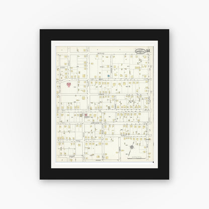 Old map wall art mockup — black gallery frame with white mat — Sanborn Fire Insurance Map from Greenville, Hunt County, Texas (1914), Sheet #0014